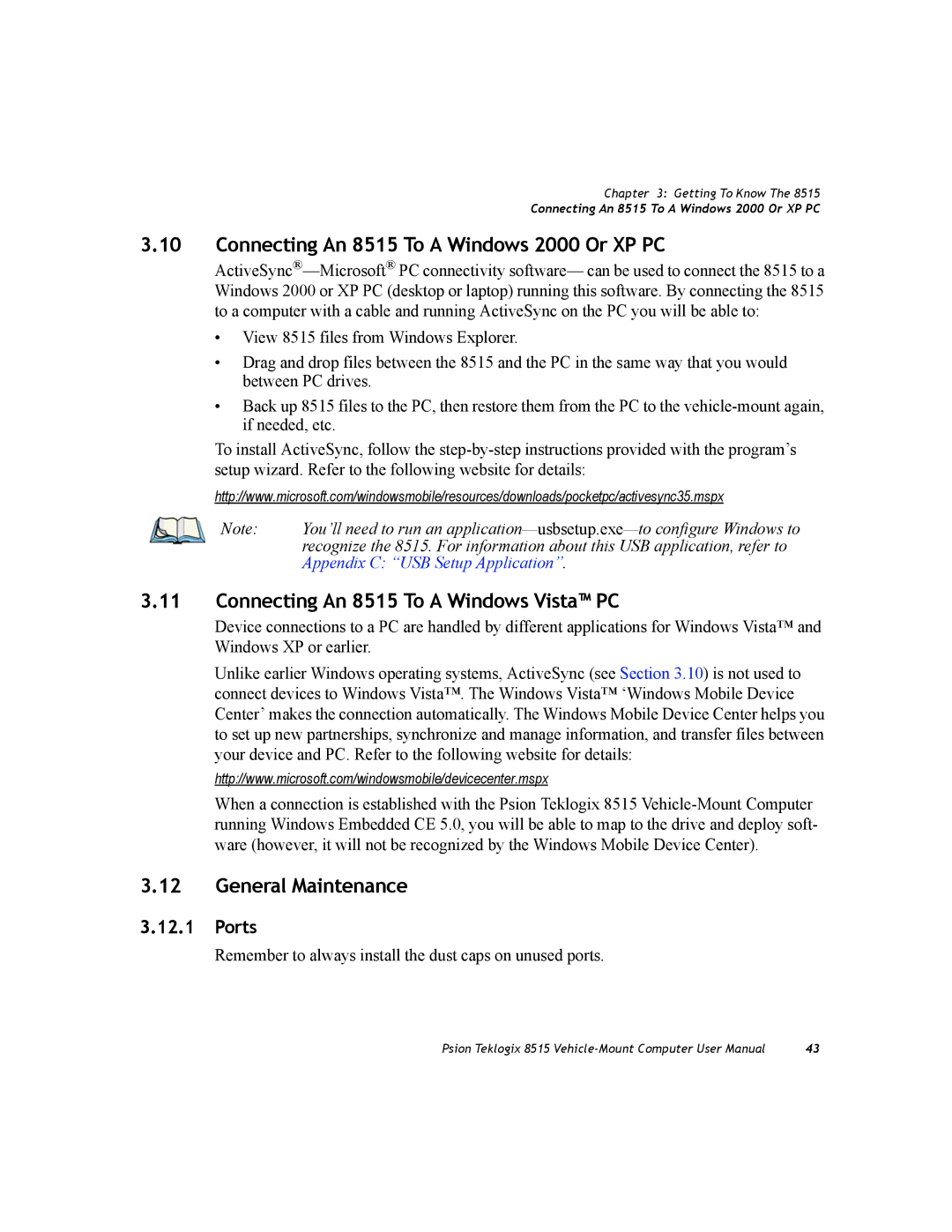 Psion Teklogix Connecting An 8515 To a Windows 2000 Or XP PC, Connecting An 8515 To a Windows Vista PC, Ports 