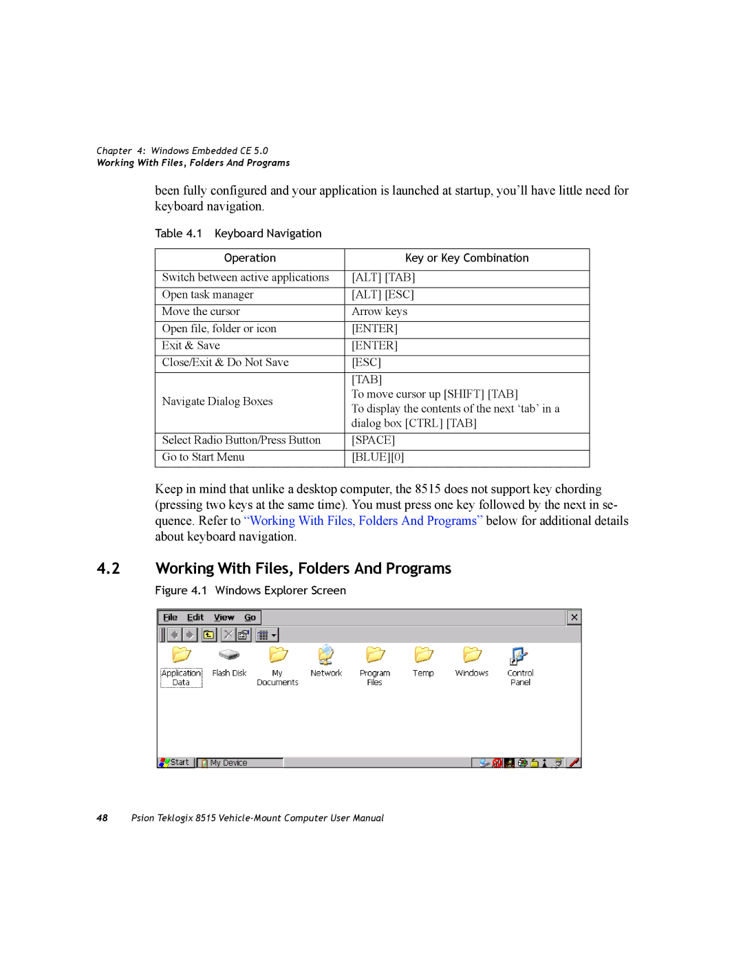 Psion Teklogix 8515 Working With Files, Folders And Programs, Keyboard Navigation Operation Key or Key Combination 