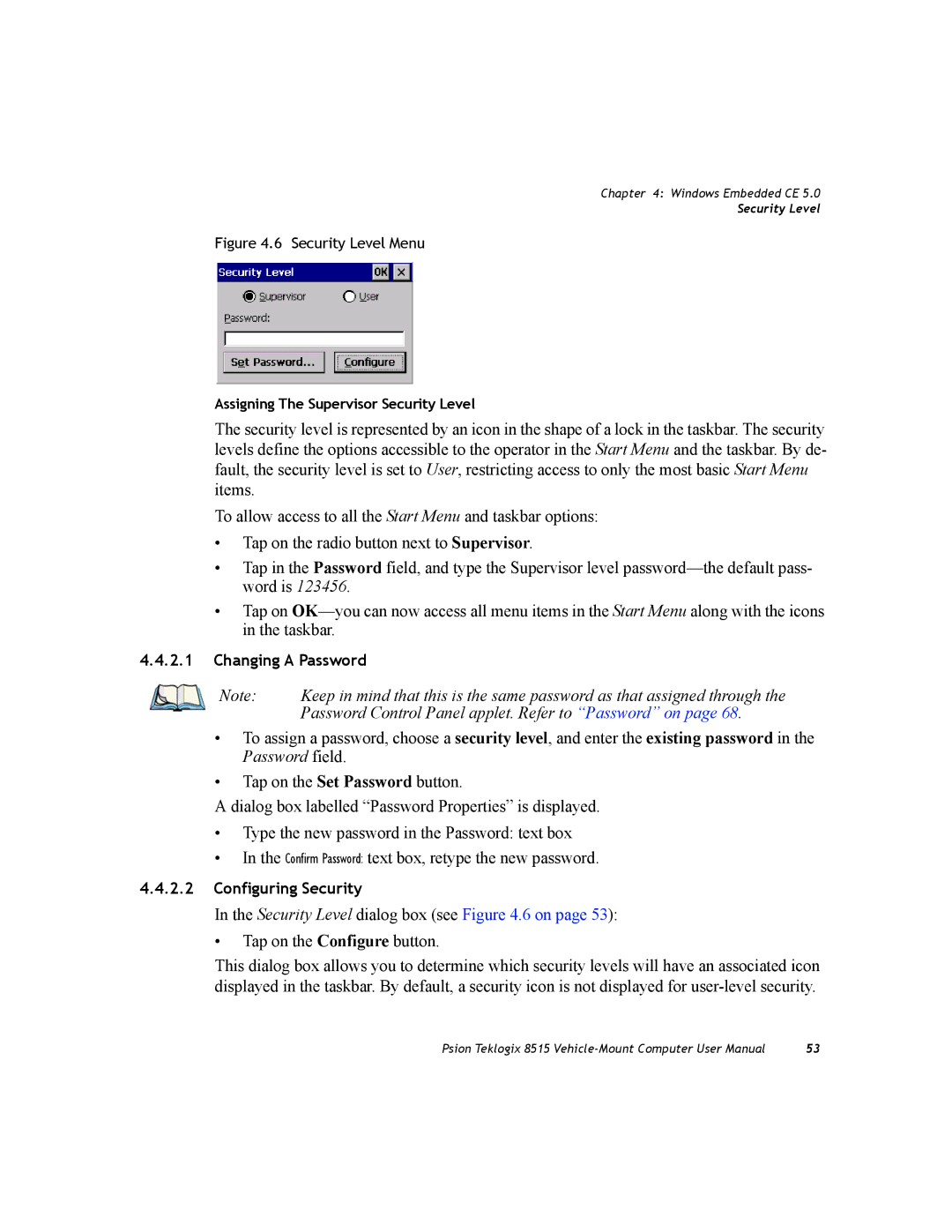 Psion Teklogix 8515 user manual Password Control Panel applet. Refer to Password on, Security Level Menu 