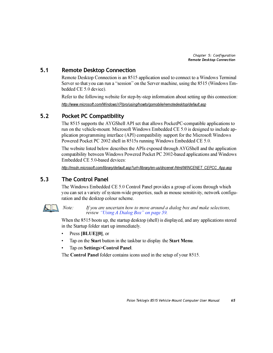 Psion Teklogix 8515 user manual Remote Desktop Connection, Pocket PC Compatibility, Control Panel 