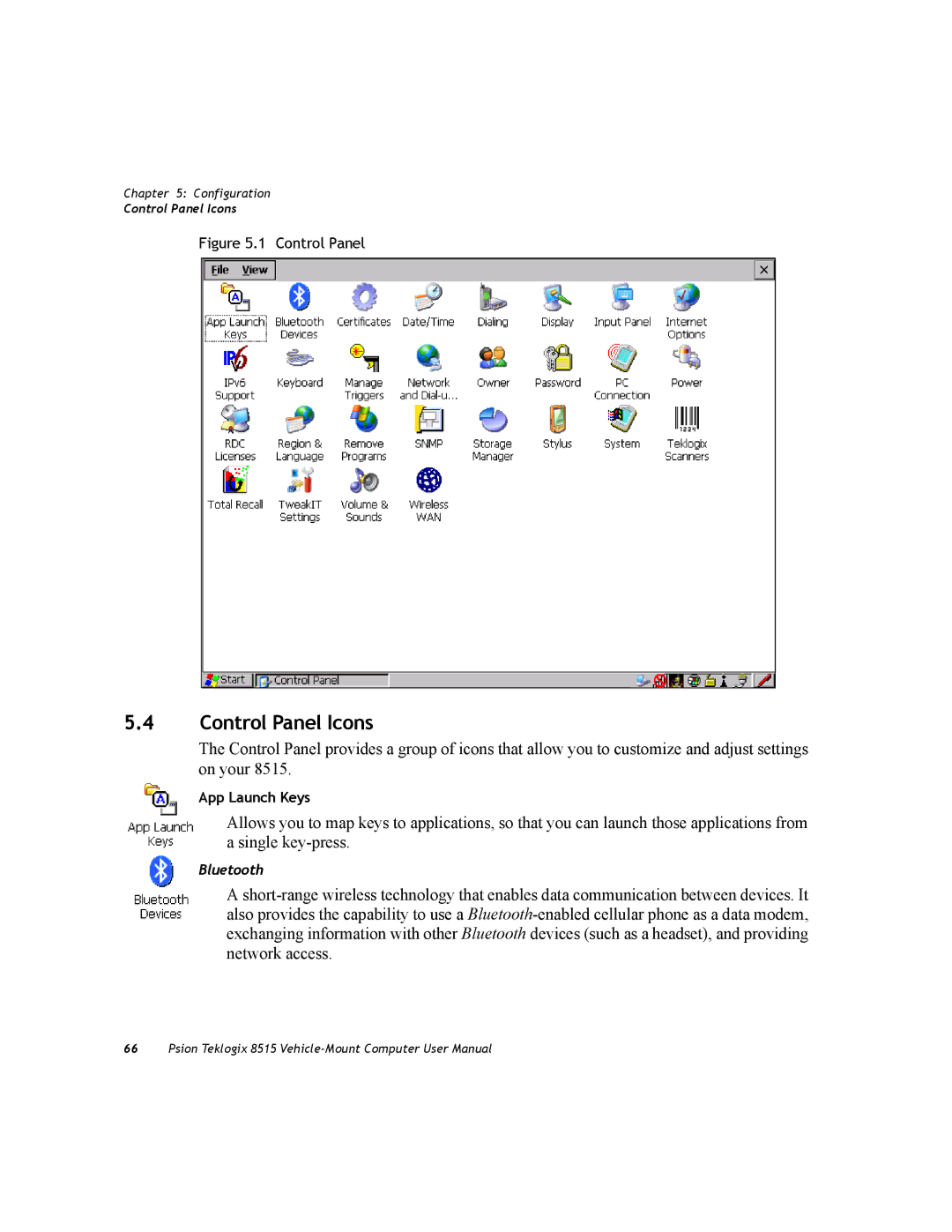 Psion Teklogix 8515 user manual Control Panel Icons 