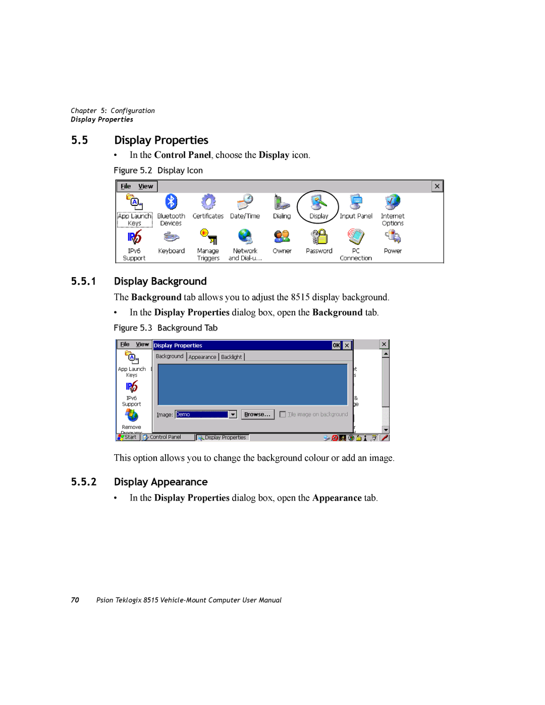 Psion Teklogix 8515 user manual Display Properties, Display Background, Display Appearance 