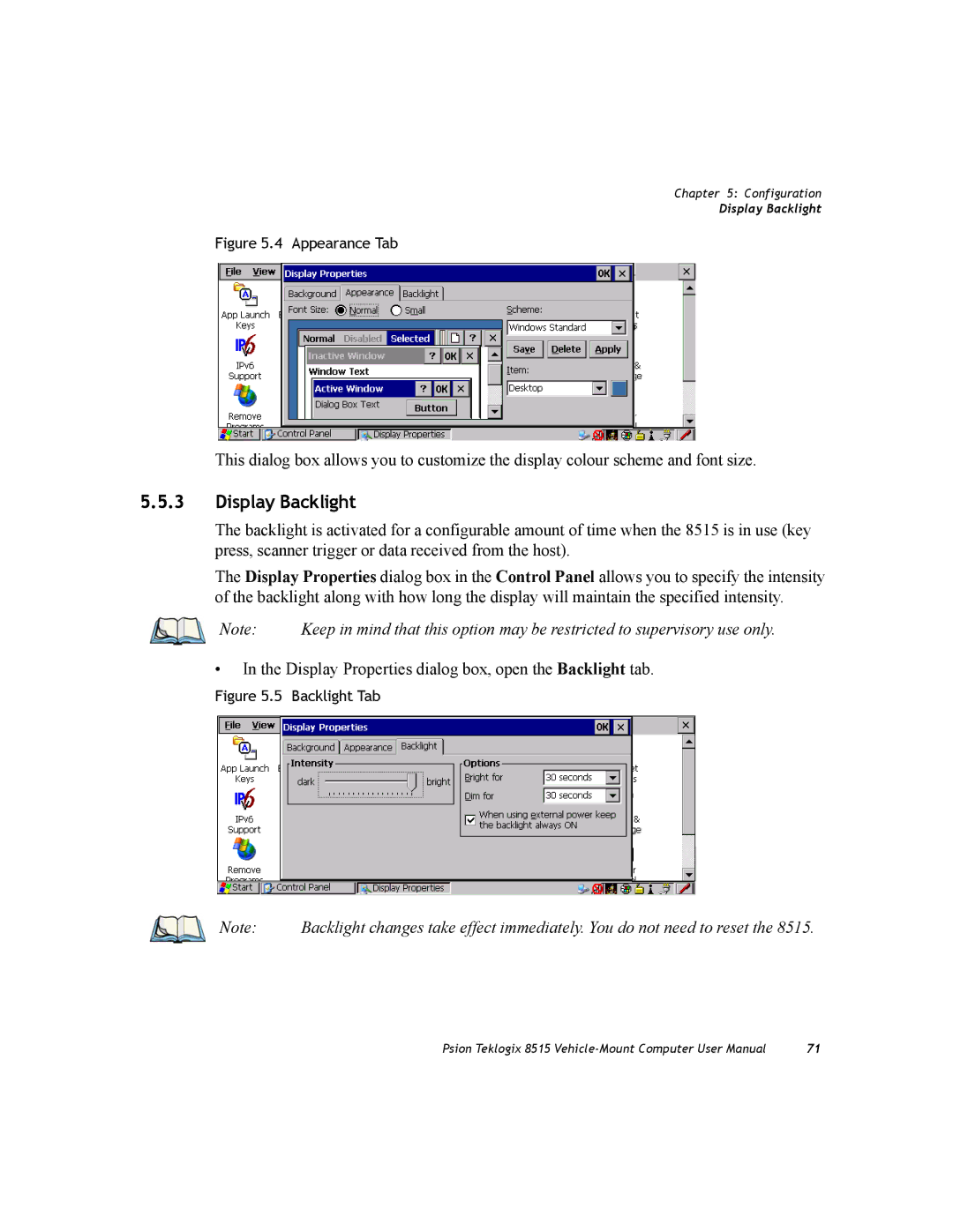 Psion Teklogix 8515 user manual Display Backlight, Display Properties dialog box, open the Backlight tab 