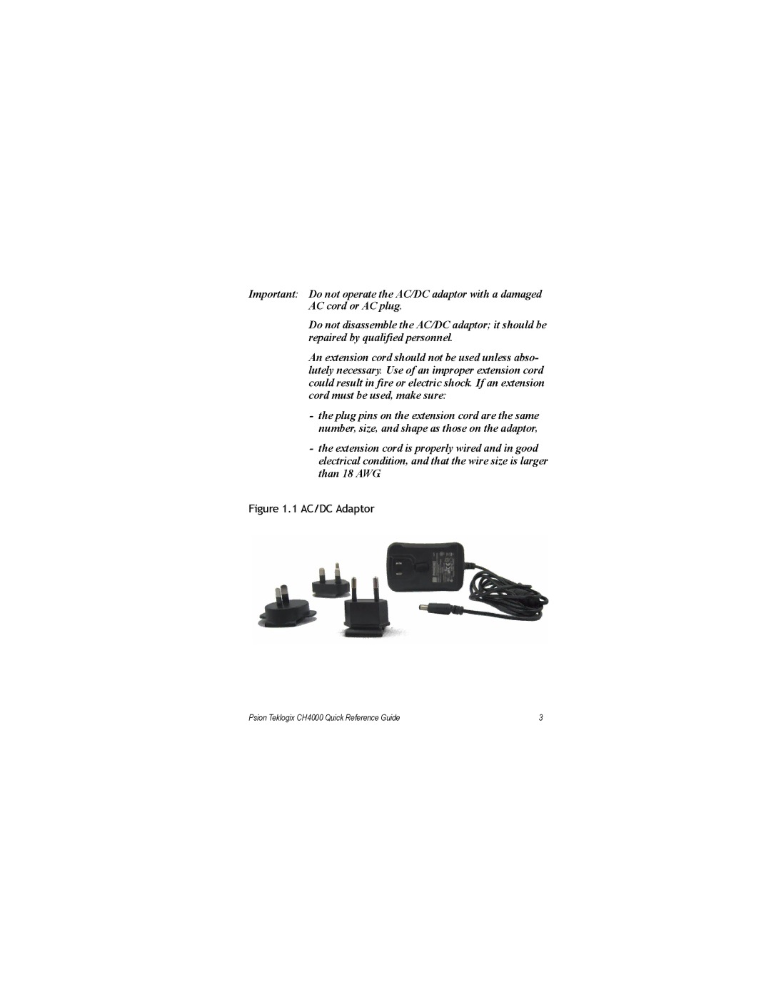 Psion Teklogix CH4000 manual AC/DC Adaptor 