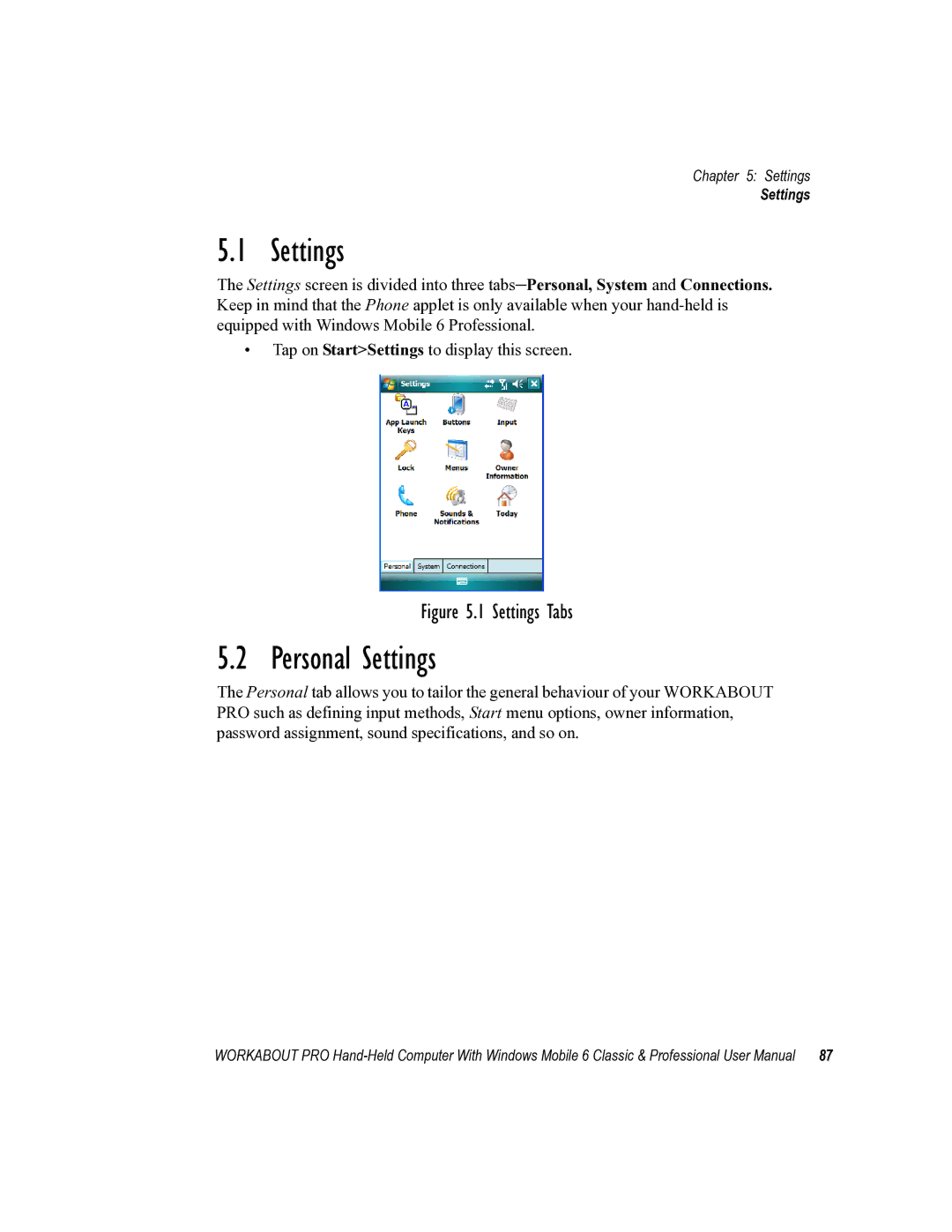 Psion Teklogix ISO 9001 user manual Personal Settings, Settings Tabs 