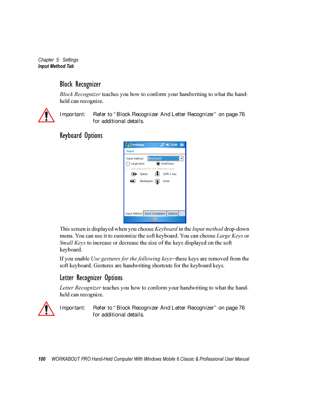 Psion Teklogix ISO 9001 user manual Keyboard Options, Letter Recognizer Options 