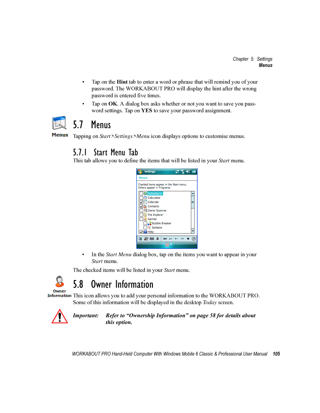 Psion Teklogix ISO 9001 user manual Menus, Owner Information, Start Menu Tab 