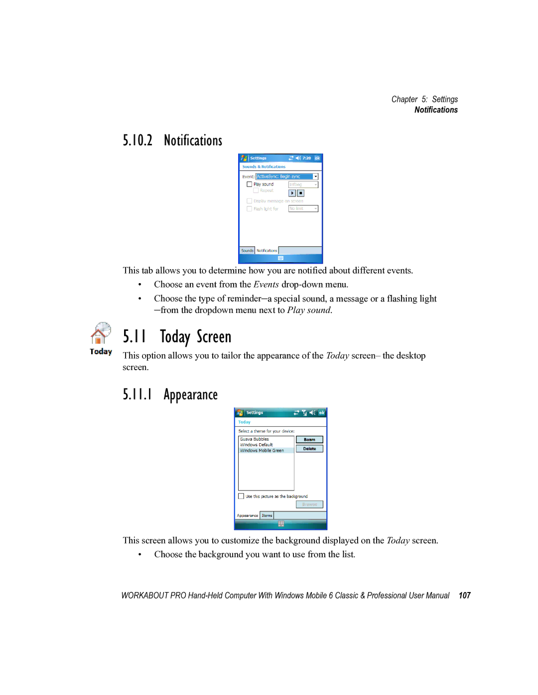 Psion Teklogix ISO 9001 user manual Today Screen, Notifications, Appearance 