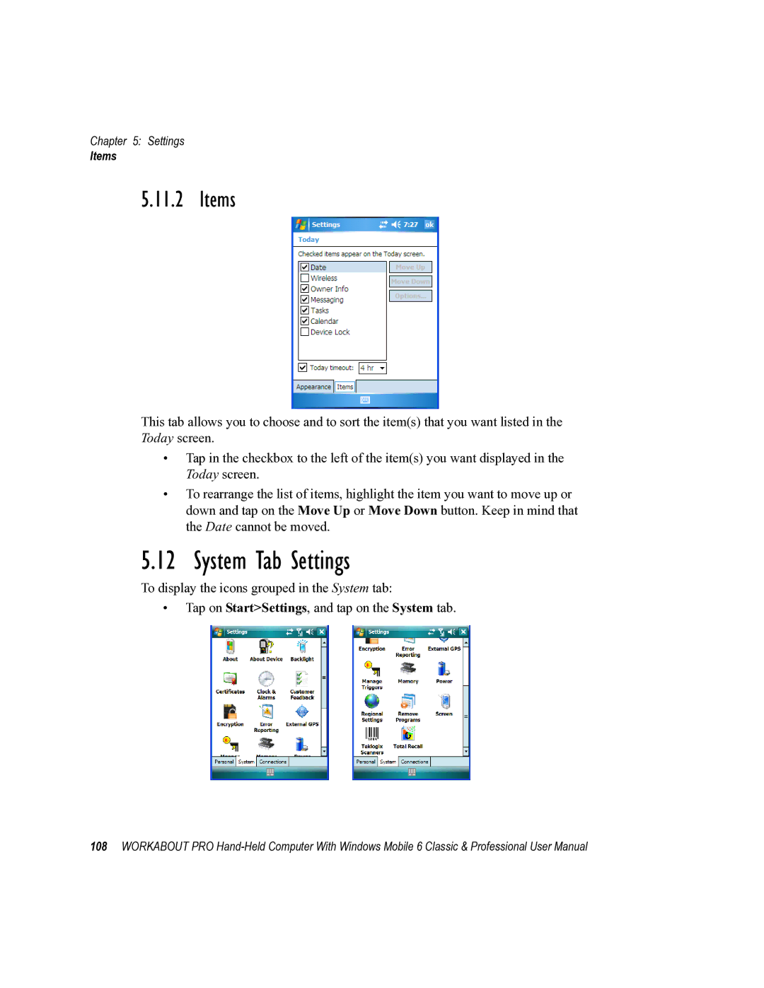 Psion Teklogix ISO 9001 user manual System Tab Settings, Items 