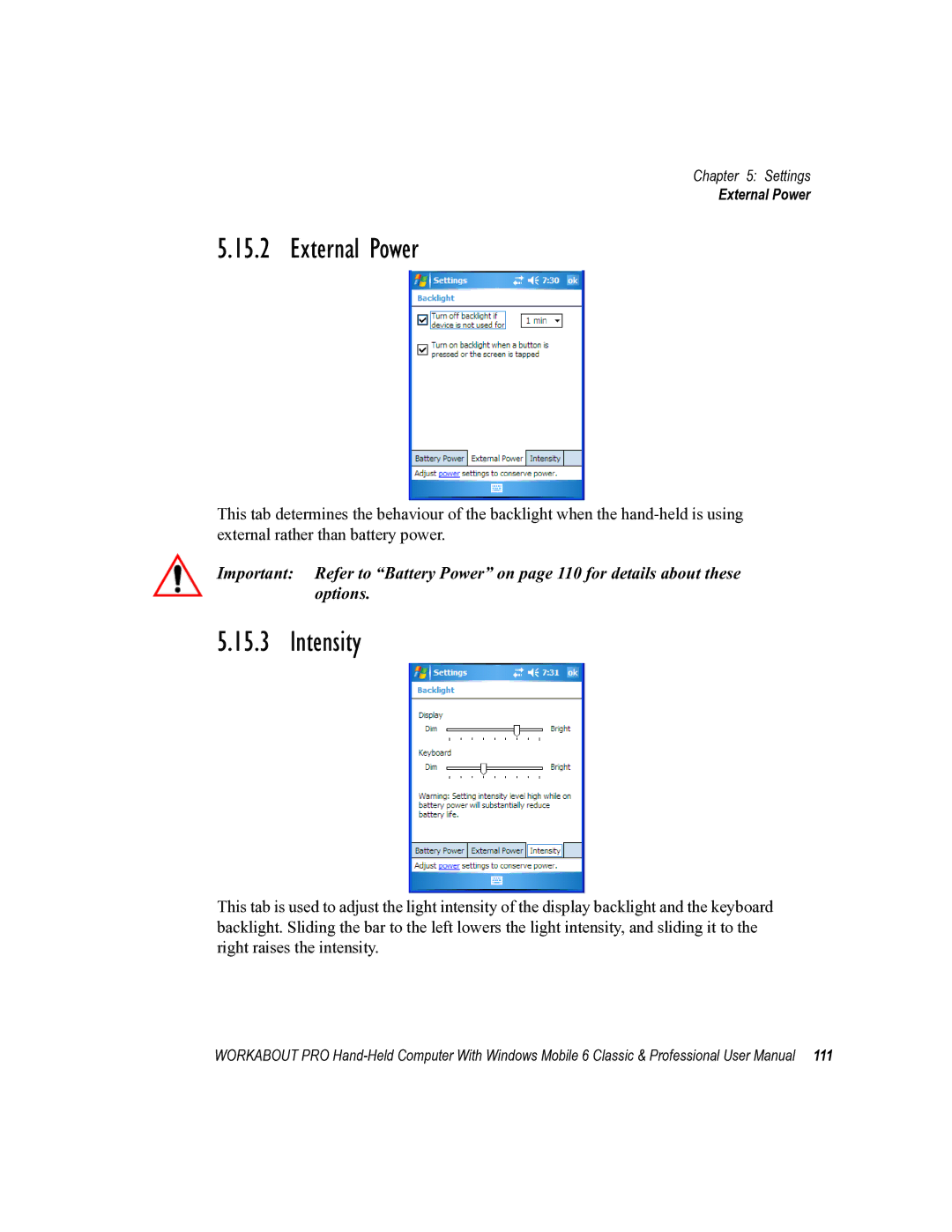 Psion Teklogix ISO 9001 user manual External Power, Intensity 