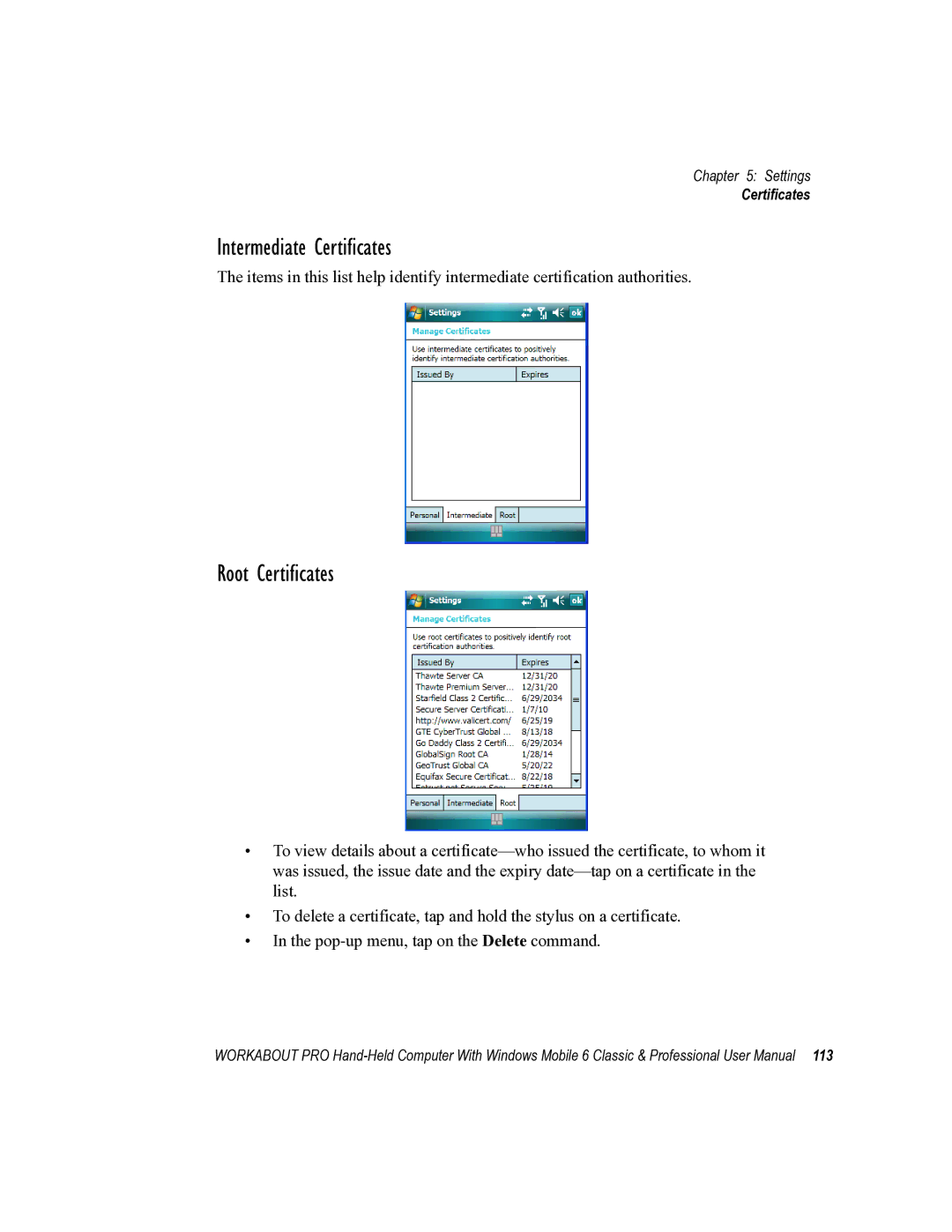 Psion Teklogix ISO 9001 user manual Intermediate Certificates, Root Certificates 