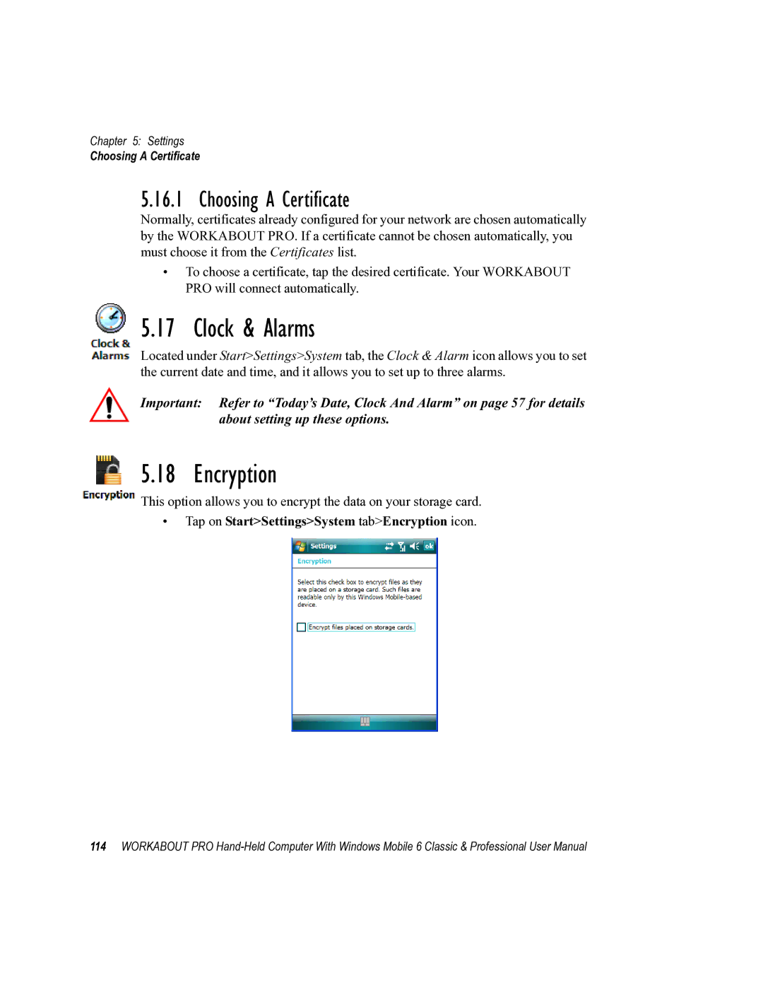 Psion Teklogix ISO 9001 Clock & Alarms, Choosing a Certificate, Tap on StartSettingsSystem tabEncryption icon 