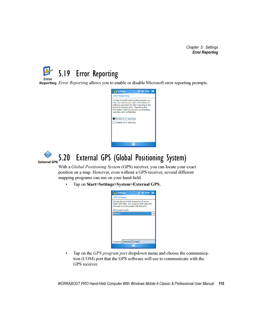 Psion Teklogix ISO 9001 user manual Error Reporting, Tap on StartSettingsSystemExternal GPS 