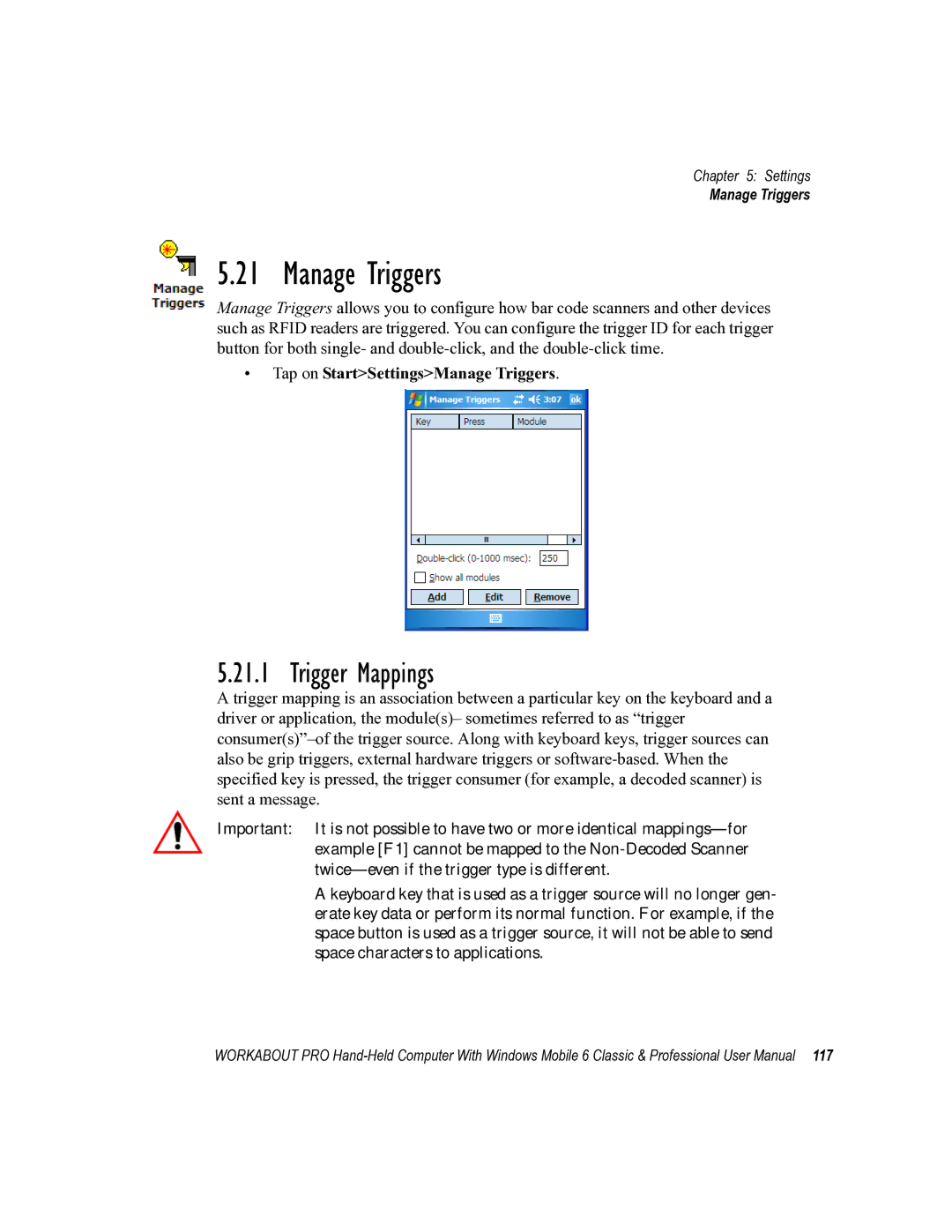 Psion Teklogix ISO 9001 user manual Trigger Mappings, Tap on StartSettingsManage Triggers 