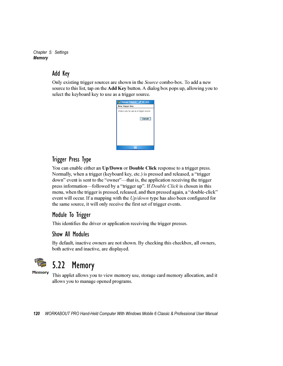 Psion Teklogix ISO 9001 user manual Memory, Add Key, Trigger Press Type, Module To Trigger 