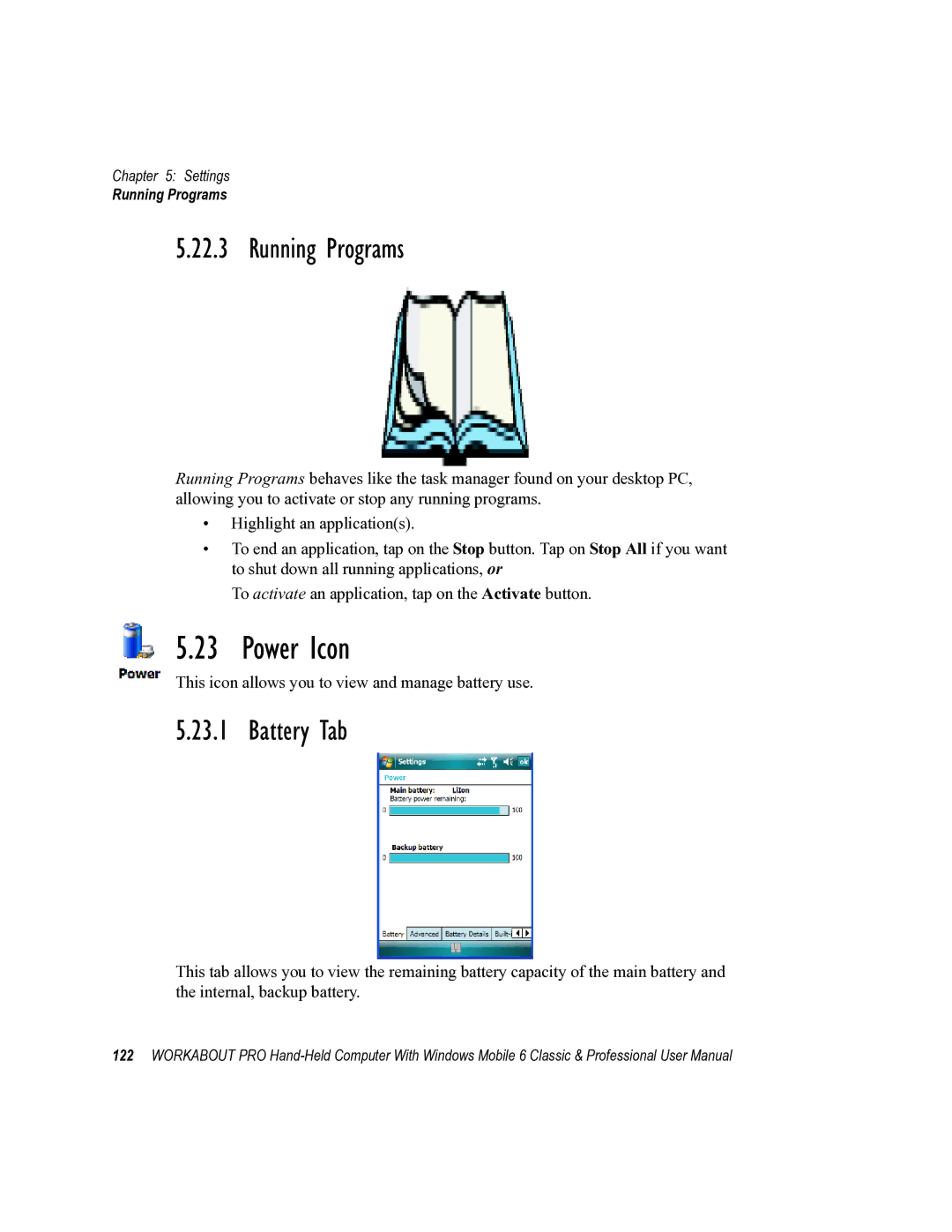 Psion Teklogix ISO 9001 user manual Power Icon, Running Programs, Battery Tab 