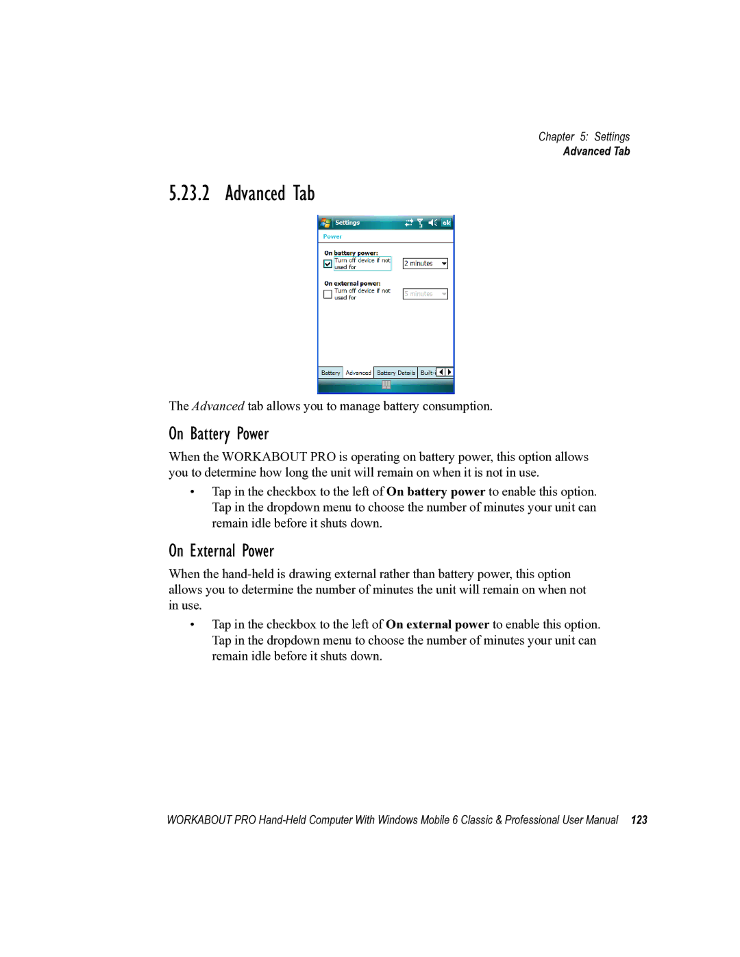 Psion Teklogix ISO 9001 user manual Advanced Tab, On Battery Power, On External Power 