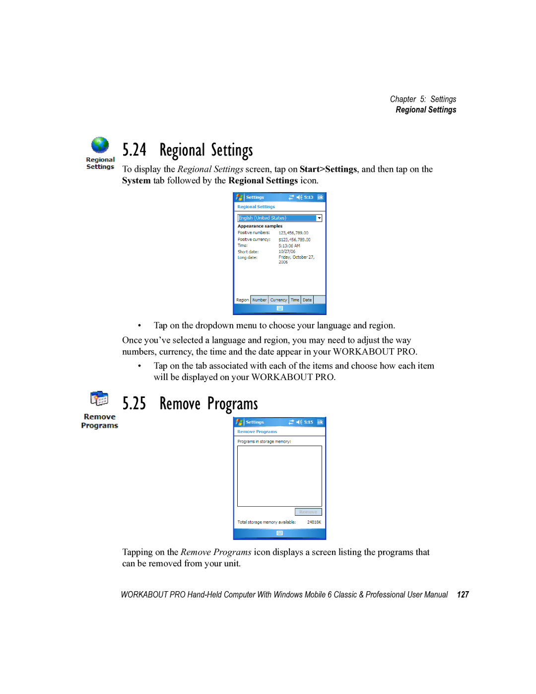 Psion Teklogix ISO 9001 user manual Regional Settings, Remove Programs 