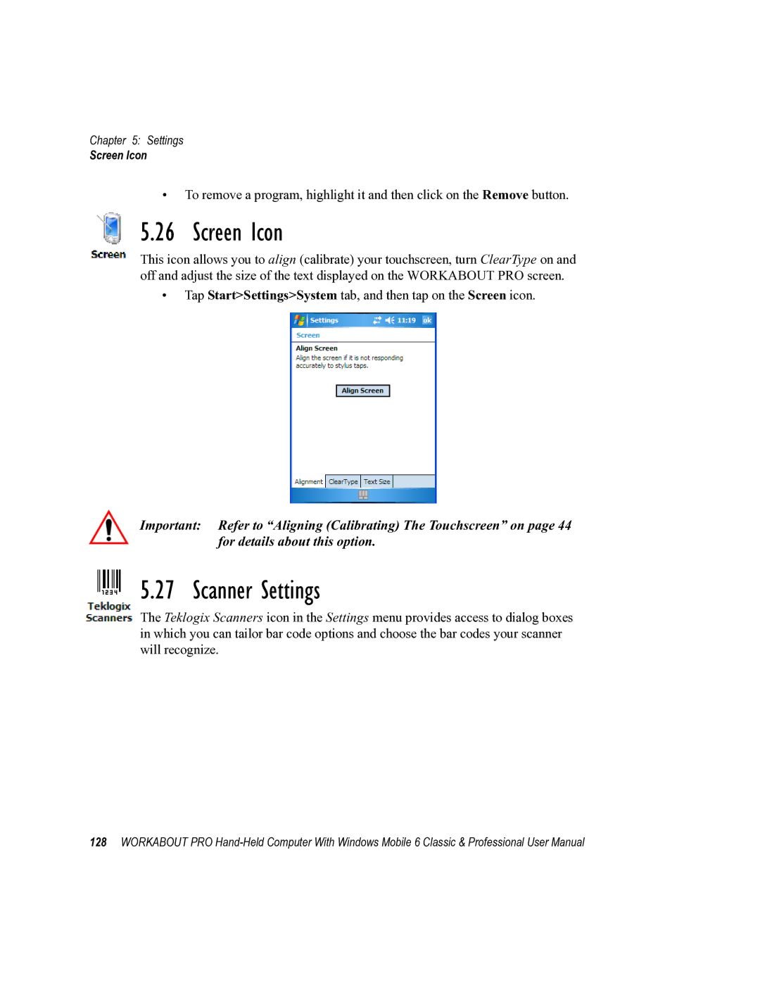 Psion Teklogix ISO 9001 user manual Screen Icon, Scanner Settings 