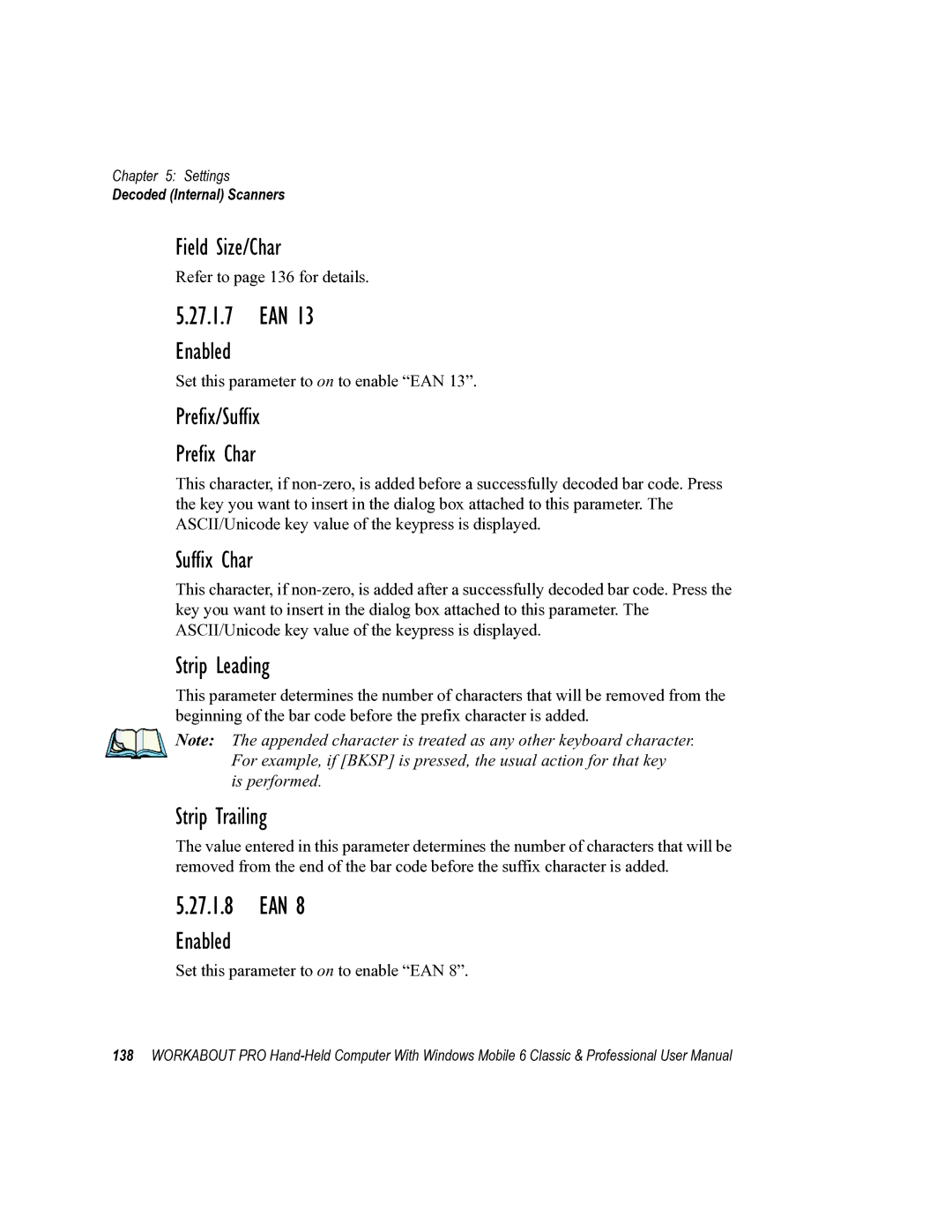 Psion Teklogix ISO 9001 user manual 27.1.7 EAN, 27.1.8 EAN, Field Size/Char, Prefix/Suffix Prefix Char 