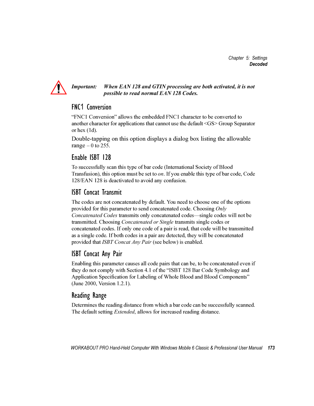 Psion Teklogix ISO 9001 user manual FNC1 Conversion, Isbt Concat Transmit, Isbt Concat Any Pair 