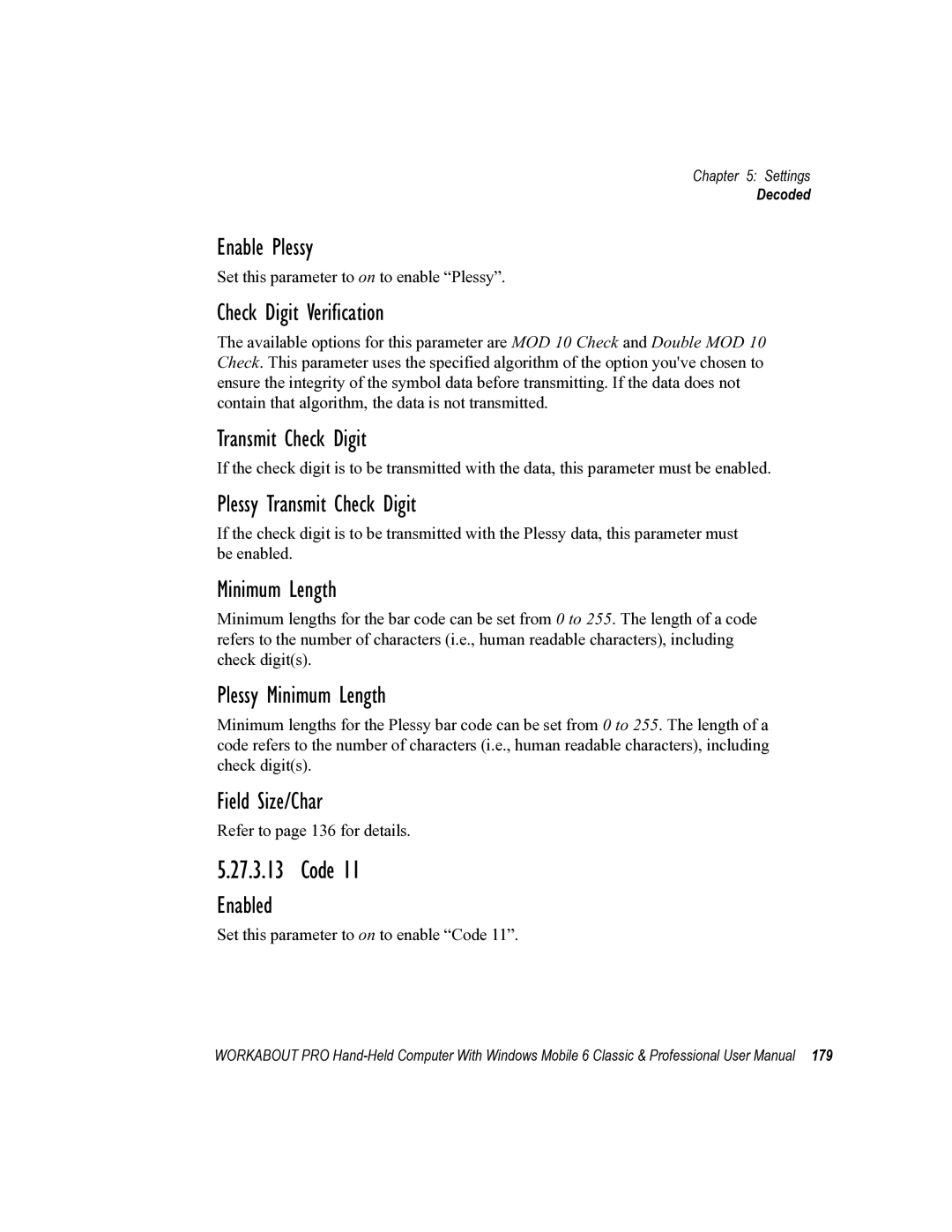 Psion Teklogix ISO 9001 user manual Enable Plessy, Plessy Transmit Check Digit, Plessy Minimum Length 