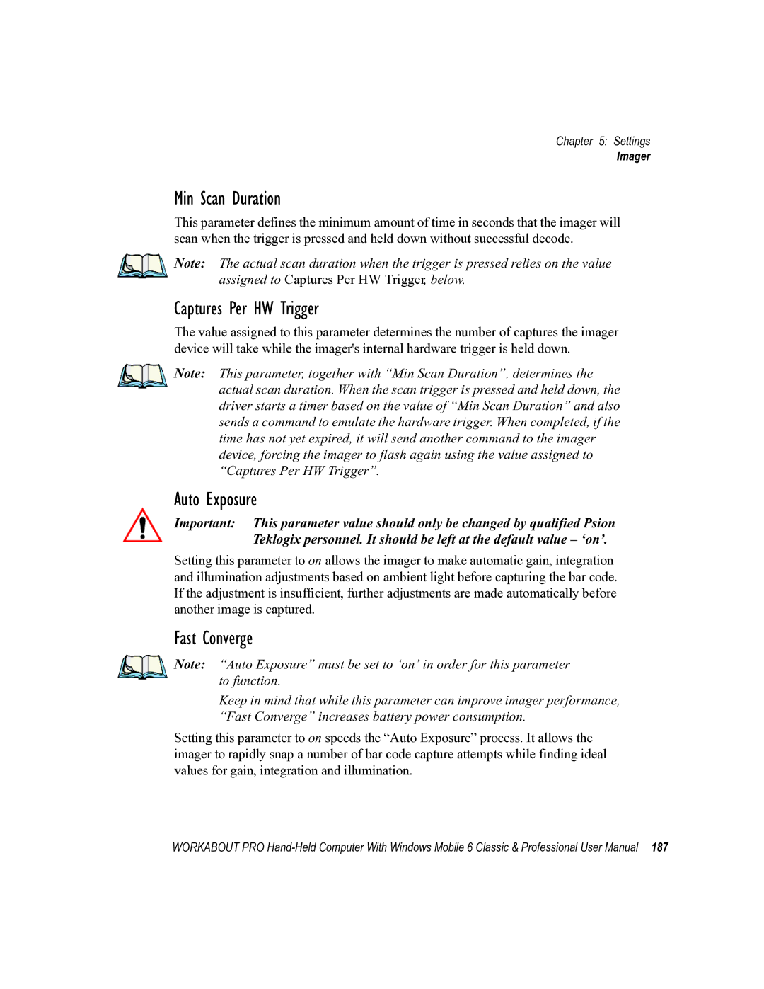 Psion Teklogix ISO 9001 user manual Min Scan Duration, Captures Per HW Trigger, Auto Exposure, Fast Converge 