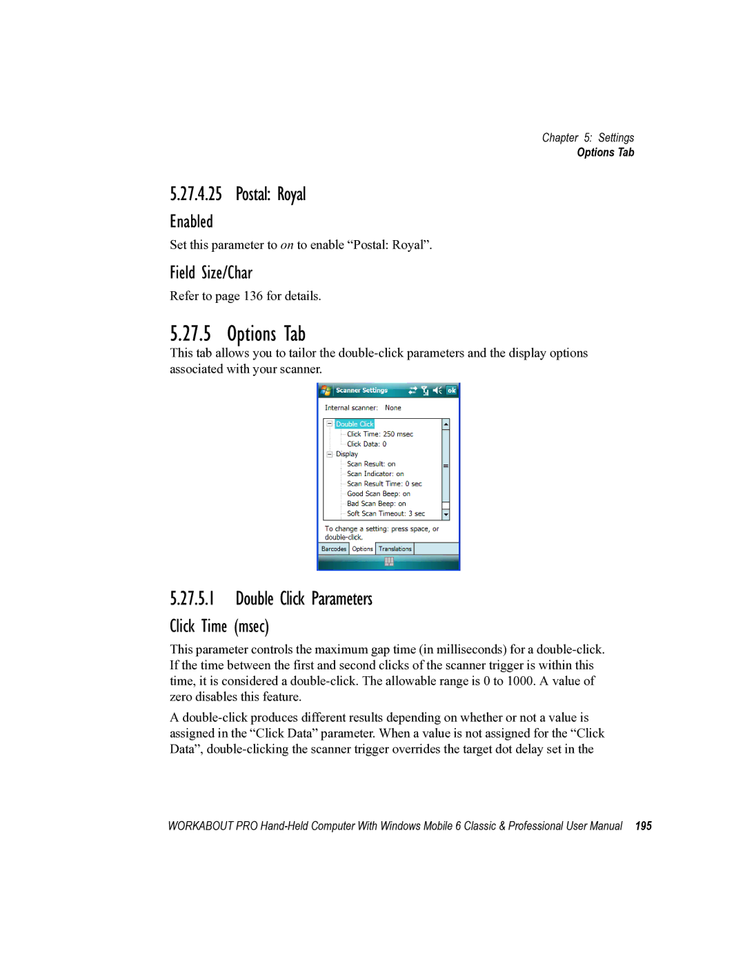 Psion Teklogix ISO 9001 user manual Options Tab, Postal Royal, Double Click Parameters, Click Time msec 