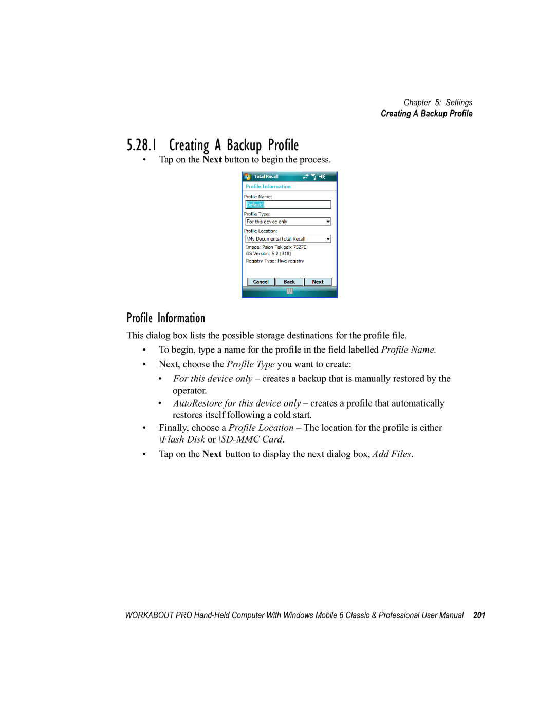 Psion Teklogix ISO 9001 user manual Creating a Backup Profile, Profile Information 