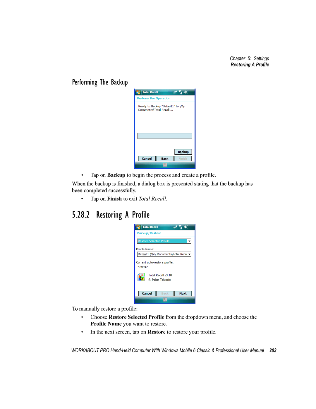 Psion Teklogix ISO 9001 user manual Restoring a Profile, Performing The Backup 