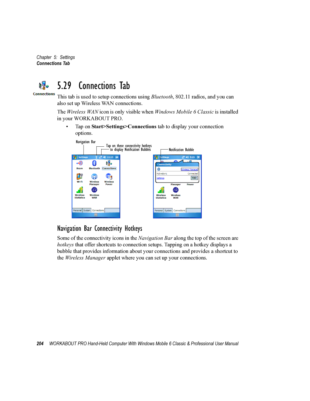 Psion Teklogix ISO 9001 user manual Connections Tab, Navigation Bar Connectivity Hotkeys 