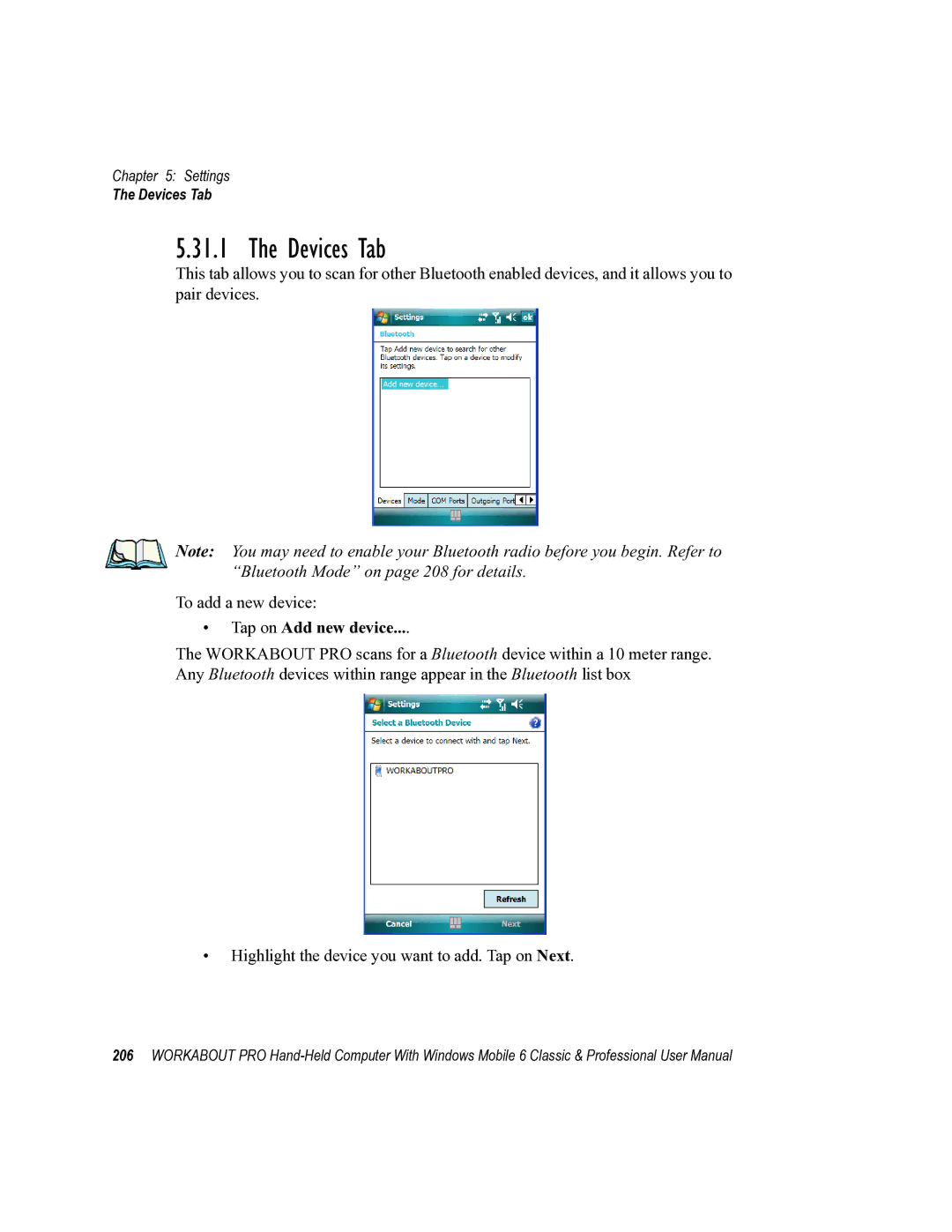 Psion Teklogix ISO 9001 user manual Devices Tab, Tap on Add new device 