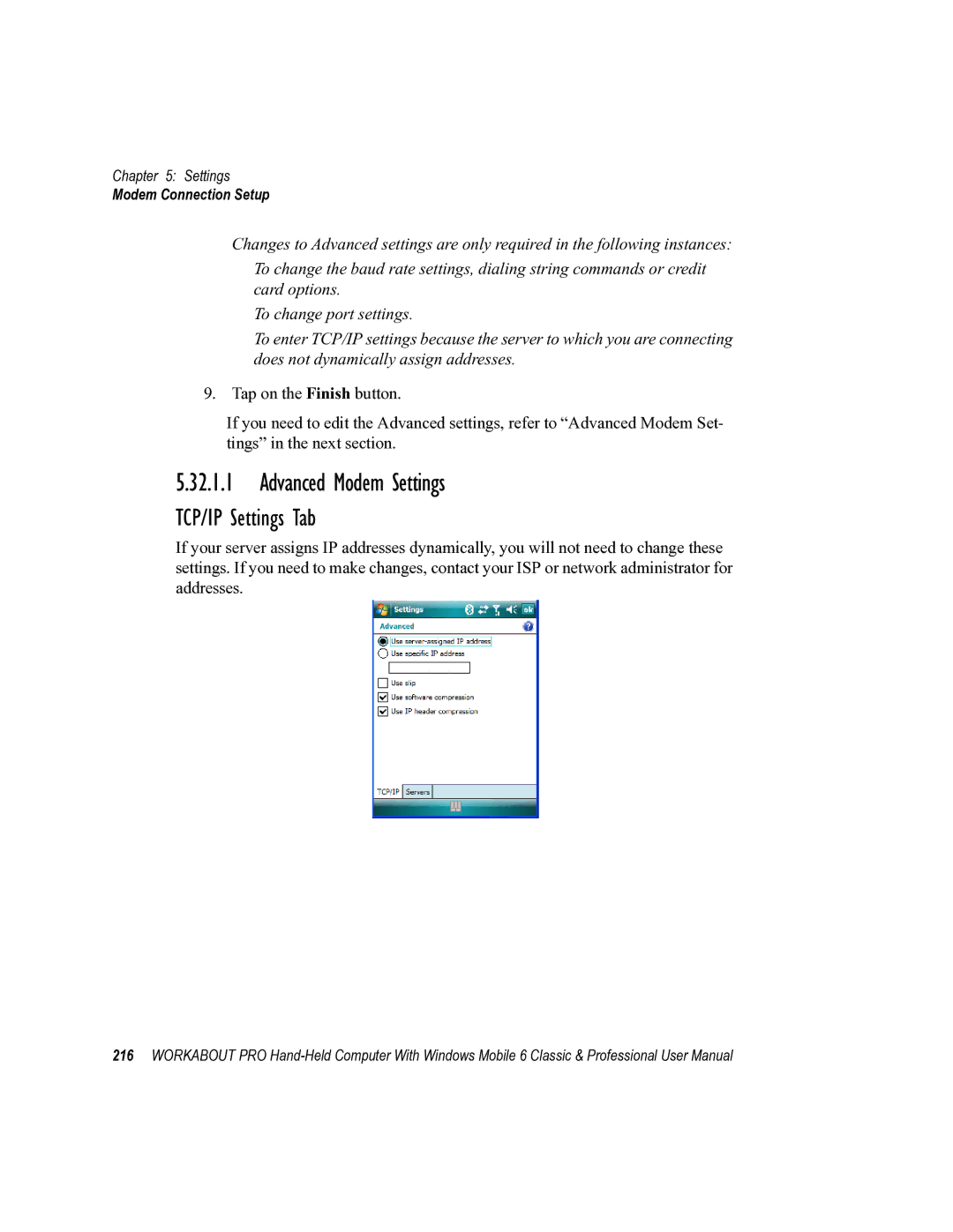 Psion Teklogix ISO 9001 user manual Advanced Modem Settings, TCP/IP Settings Tab 