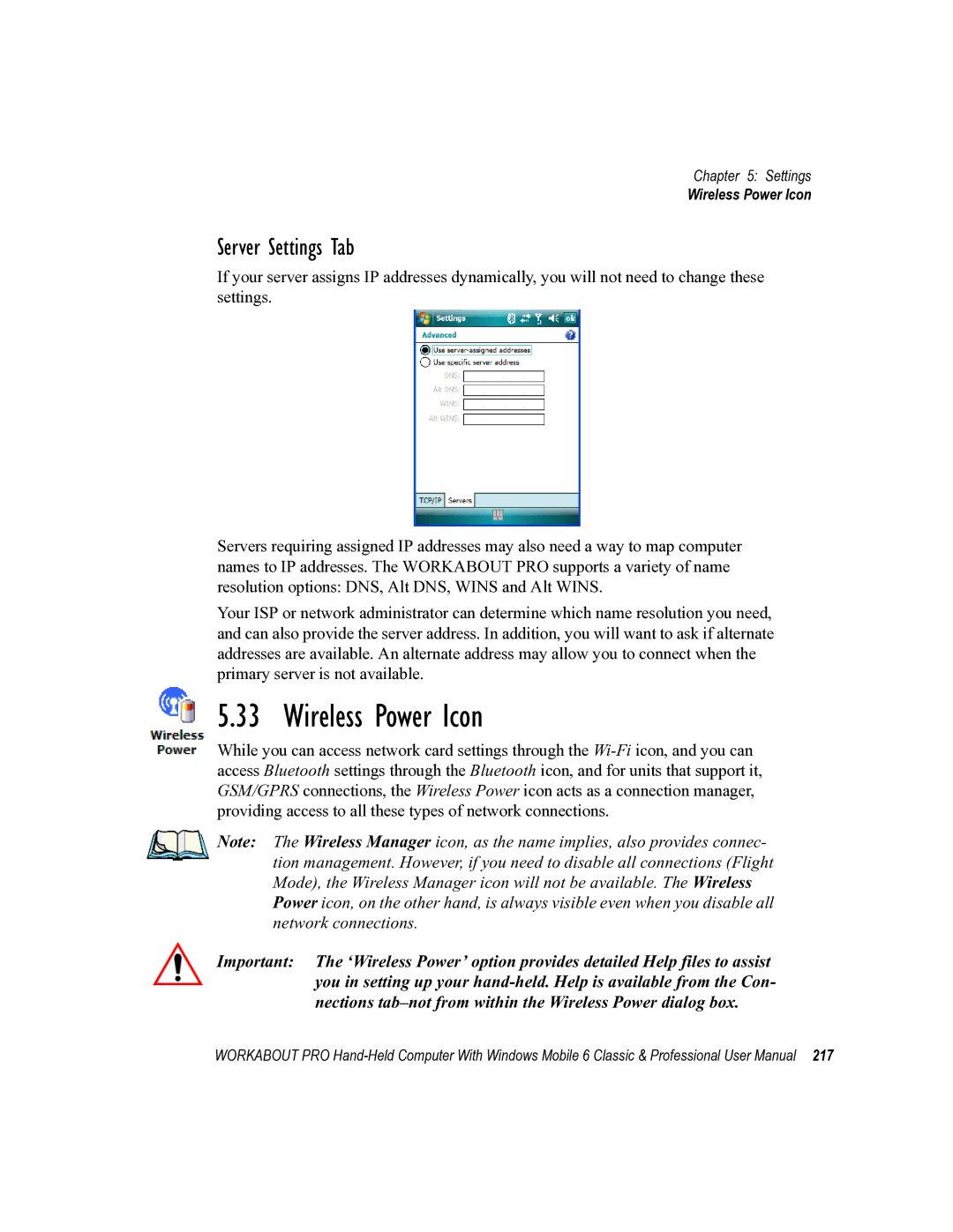 Psion Teklogix ISO 9001 user manual Wireless Power Icon, Server Settings Tab 