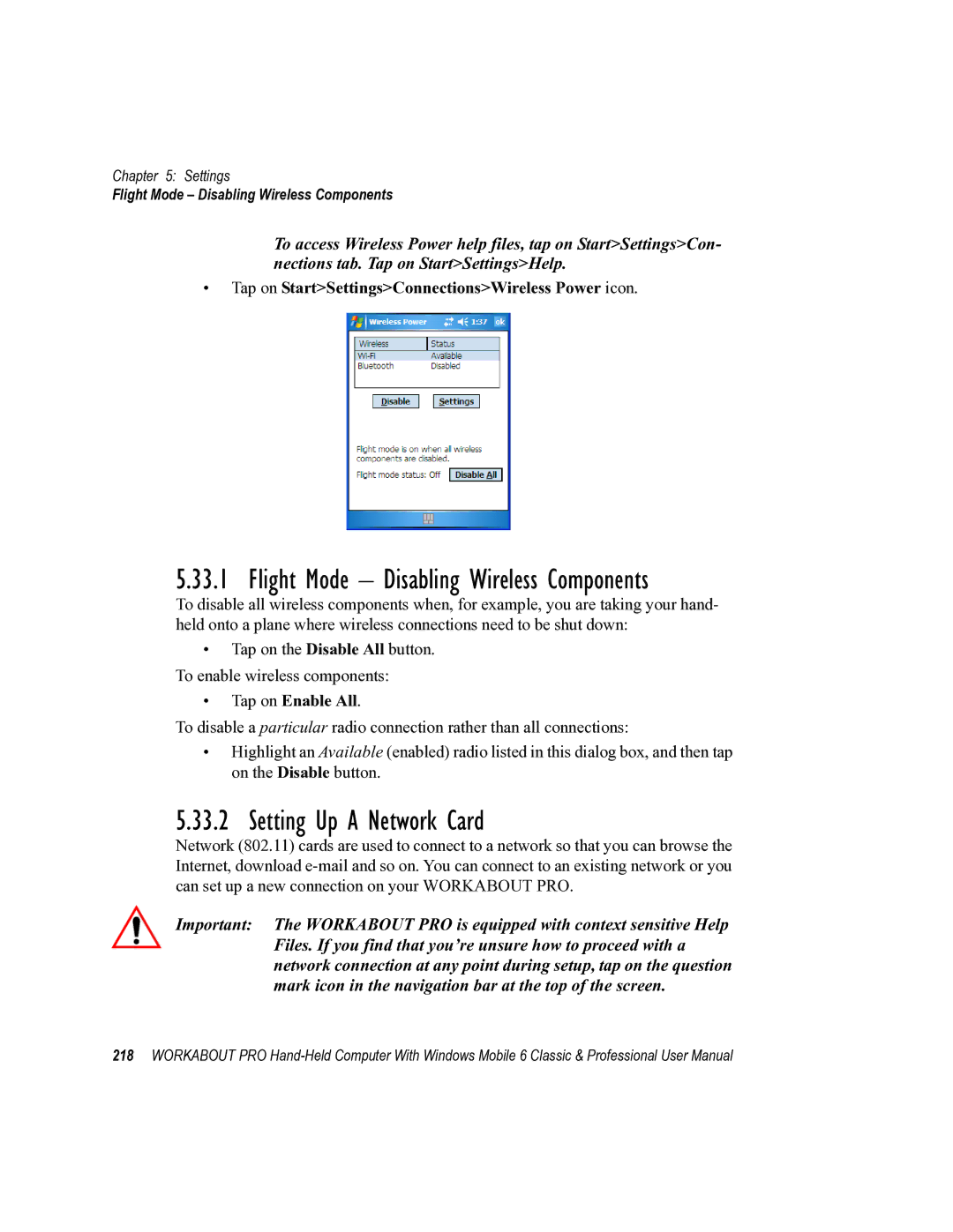 Psion Teklogix ISO 9001 user manual Setting Up a Network Card, Flight Mode Disabling Wireless Components, Tap on Enable All 