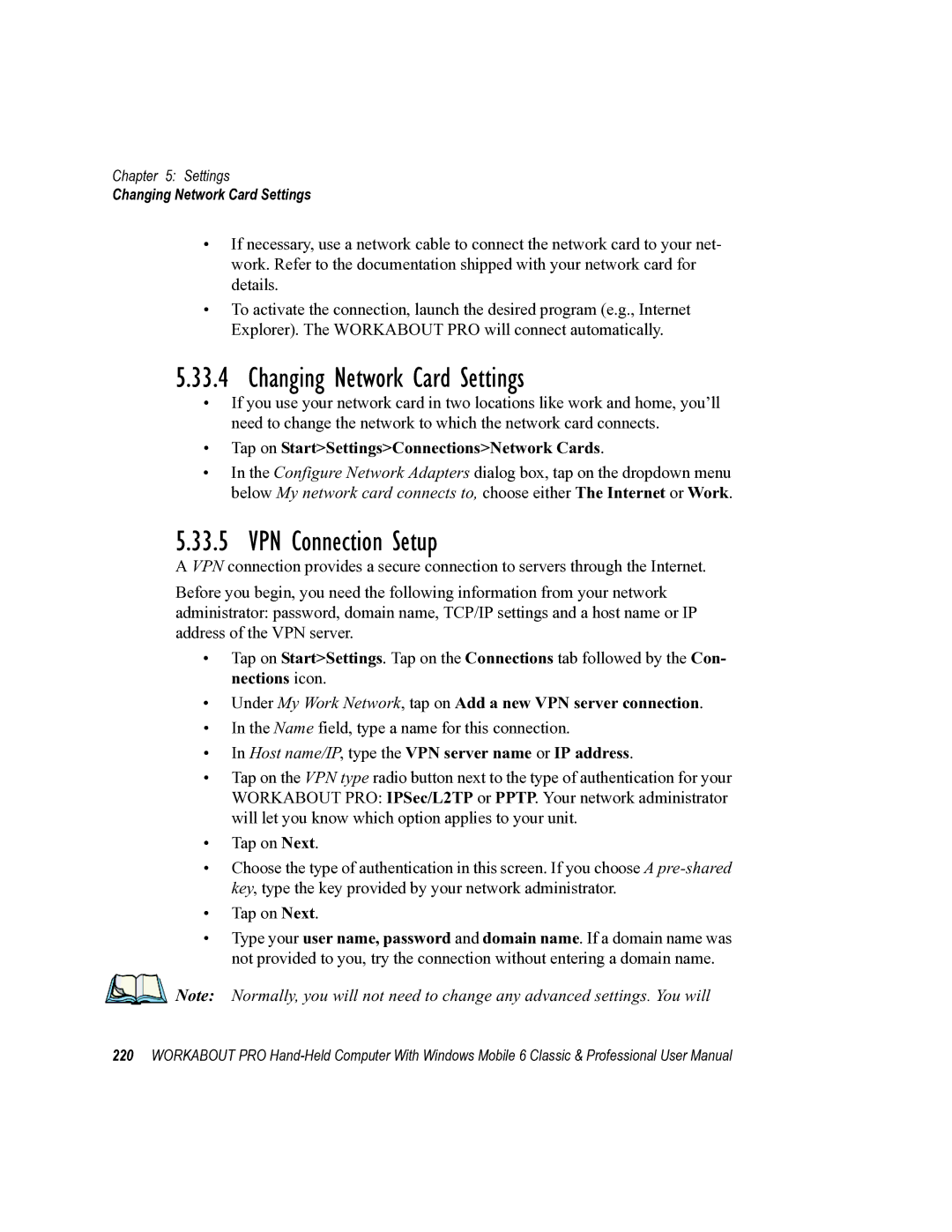 Psion Teklogix ISO 9001 Changing Network Card Settings, VPN Connection Setup, Tap on StartSettingsConnectionsNetwork Cards 