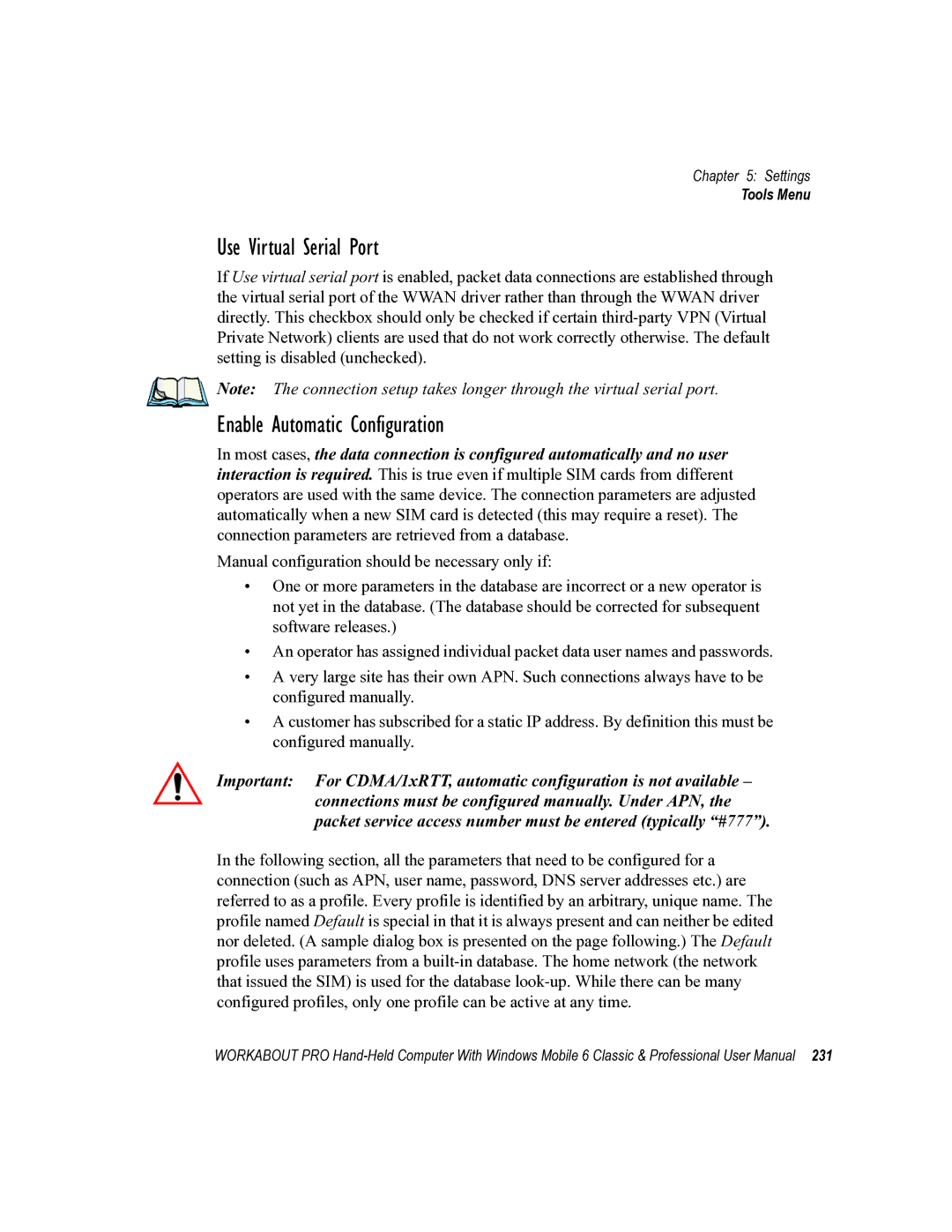 Psion Teklogix ISO 9001 user manual Use Virtual Serial Port, Enable Automatic Configuration 