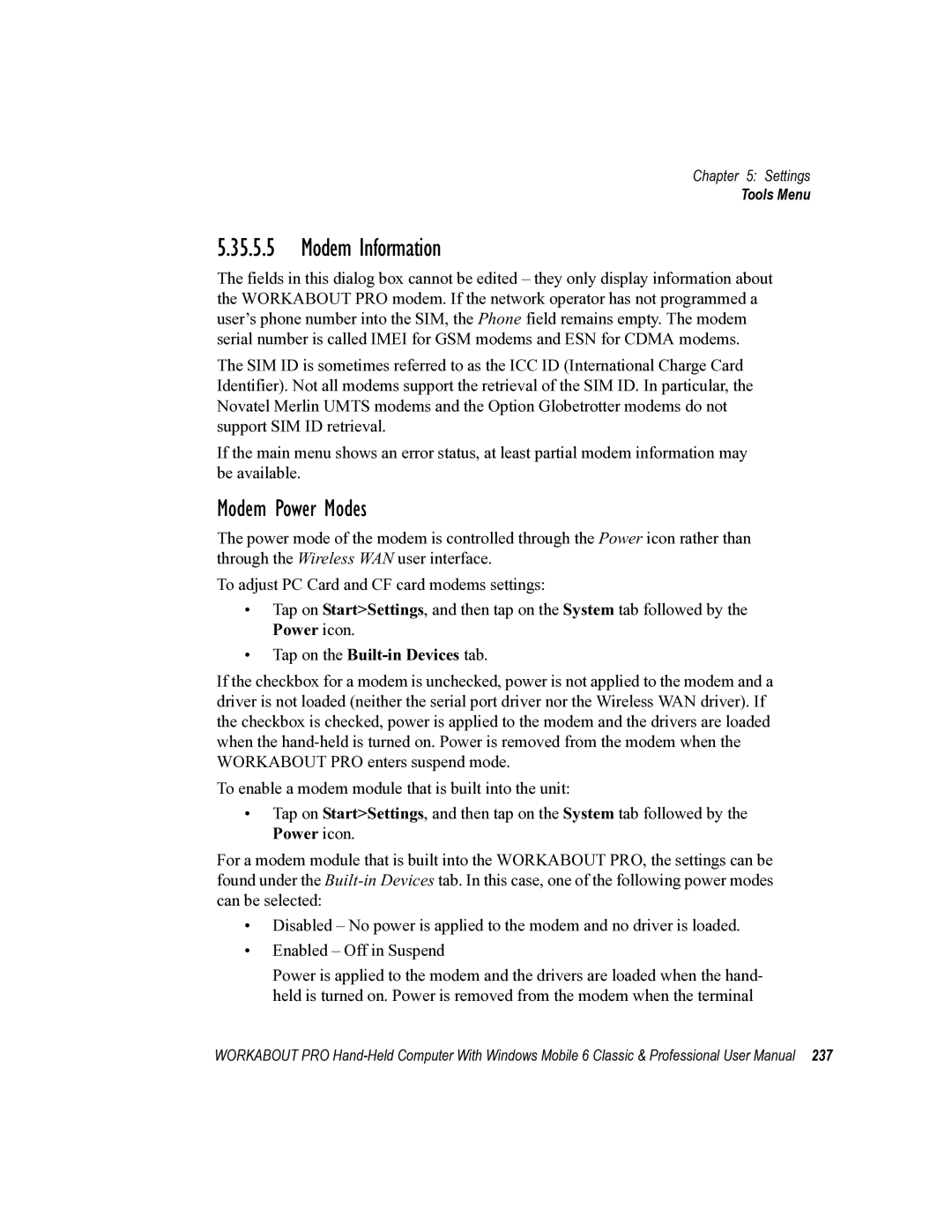 Psion Teklogix ISO 9001 user manual Modem Information, Modem Power Modes, Tap on the Built-in Devices tab 