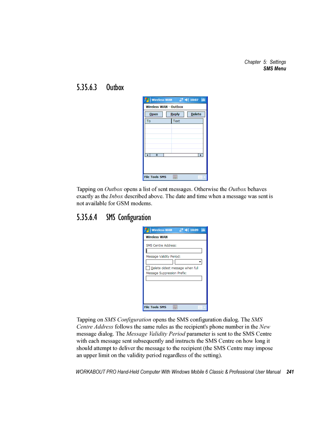 Psion Teklogix ISO 9001 user manual Outbox, SMS Configuration 