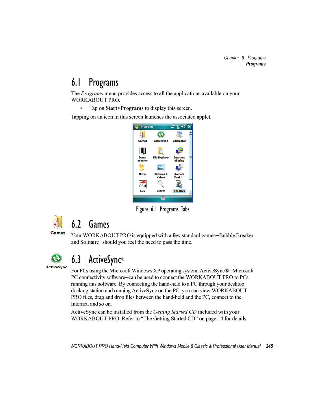 Psion Teklogix ISO 9001 user manual Programs, Games, ActiveSync 