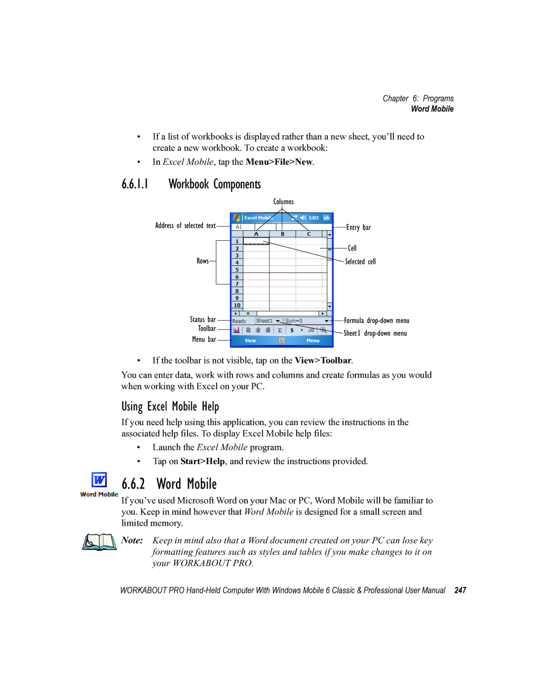 Psion Teklogix ISO 9001 user manual Word Mobile, Workbook Components, Using Excel Mobile Help 