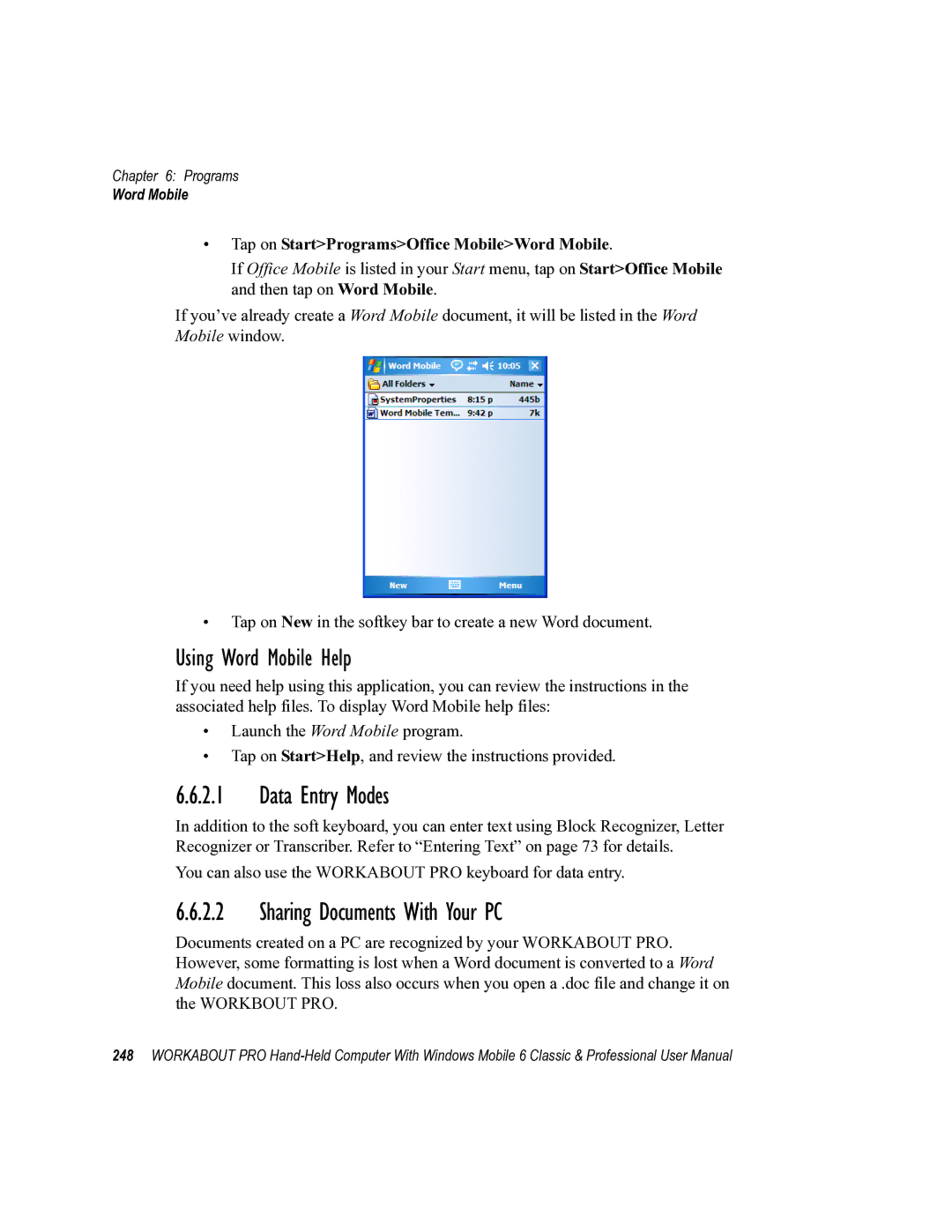 Psion Teklogix ISO 9001 user manual Data Entry Modes, Sharing Documents With Your PC, Using Word Mobile Help 