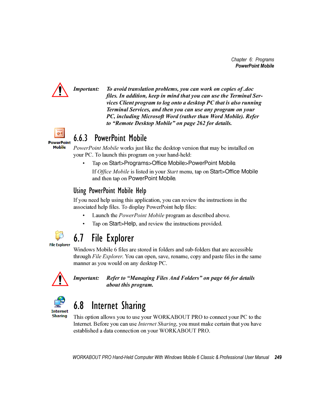 Psion Teklogix ISO 9001 user manual File Explorer, Internet Sharing, Using PowerPoint Mobile Help 