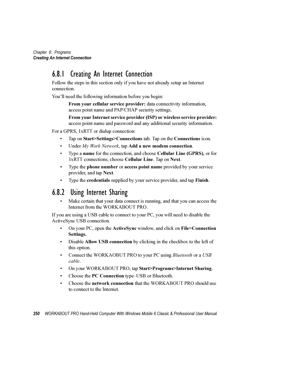 Psion Teklogix ISO 9001 user manual Creating An Internet Connection, Using Internet Sharing, Settings 