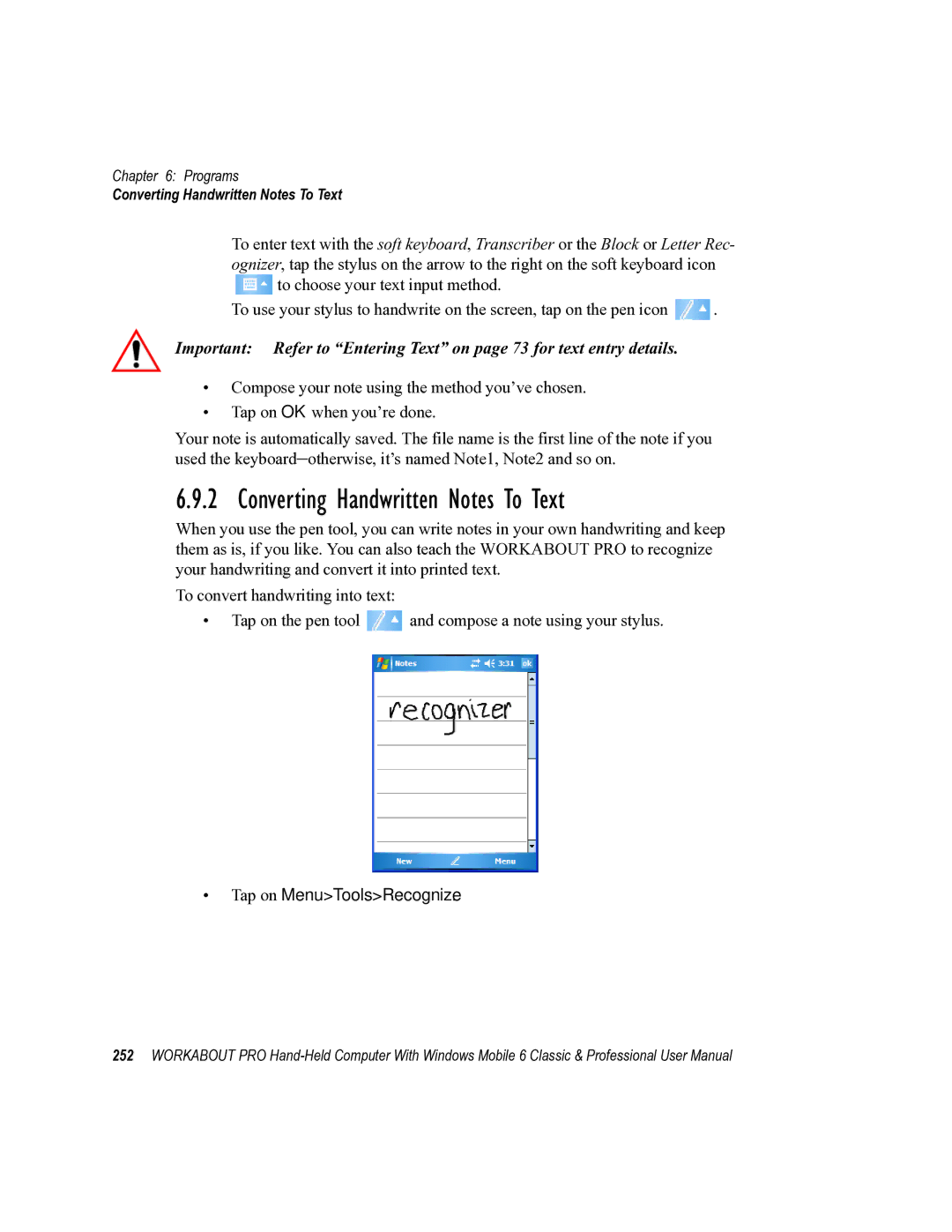 Psion Teklogix ISO 9001 user manual Converting Handwritten Notes To Text, Tap on MenuToolsRecognize 