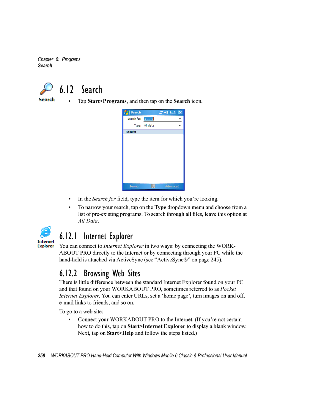 Psion Teklogix ISO 9001 user manual Search, Internet Explorer, Browsing Web Sites 