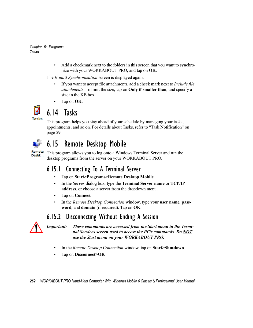 Psion Teklogix ISO 9001 user manual Tasks, Remote Desktop Mobile, Connecting To a Terminal Server 