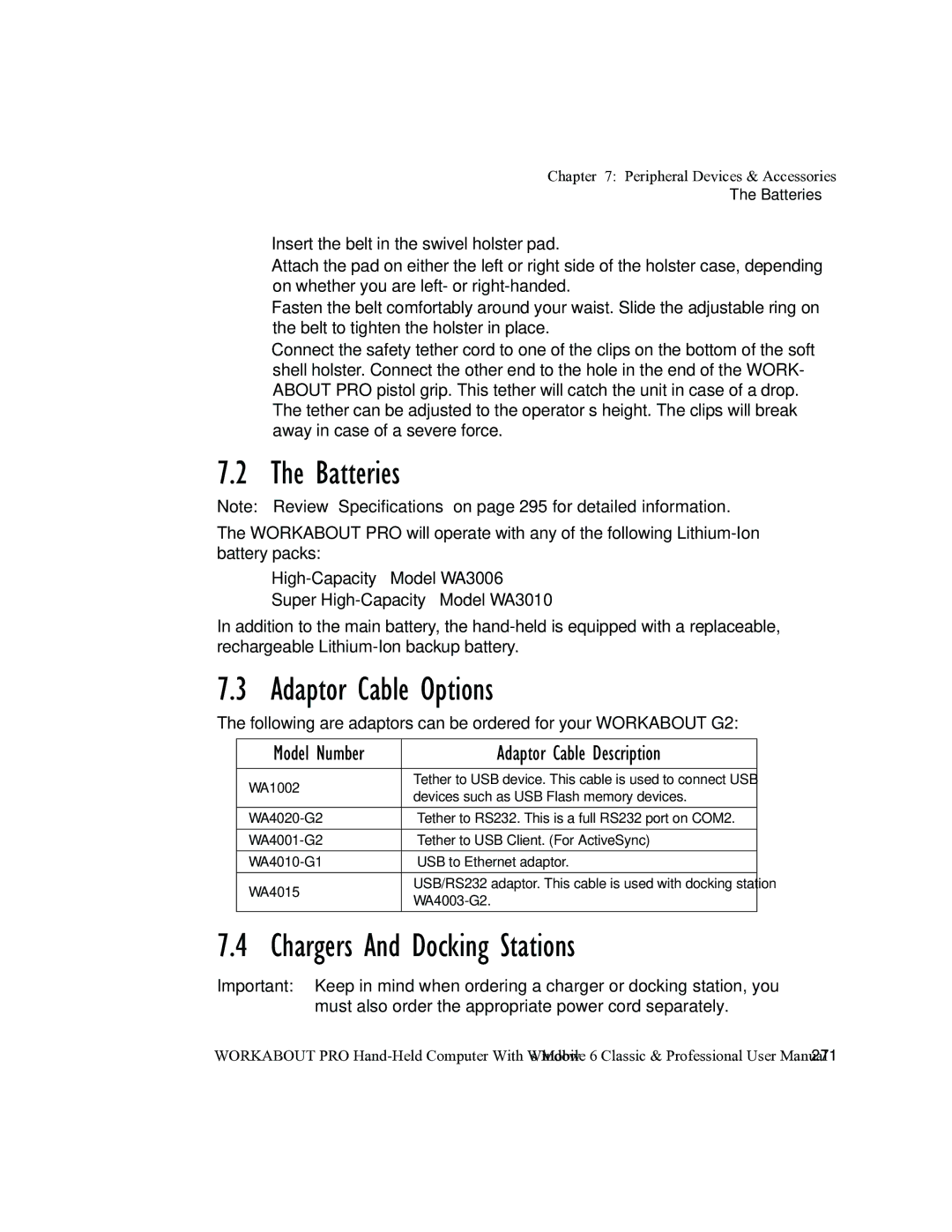 Psion Teklogix ISO 9001 user manual Adaptor Cable Options, Chargers And Docking Stations 