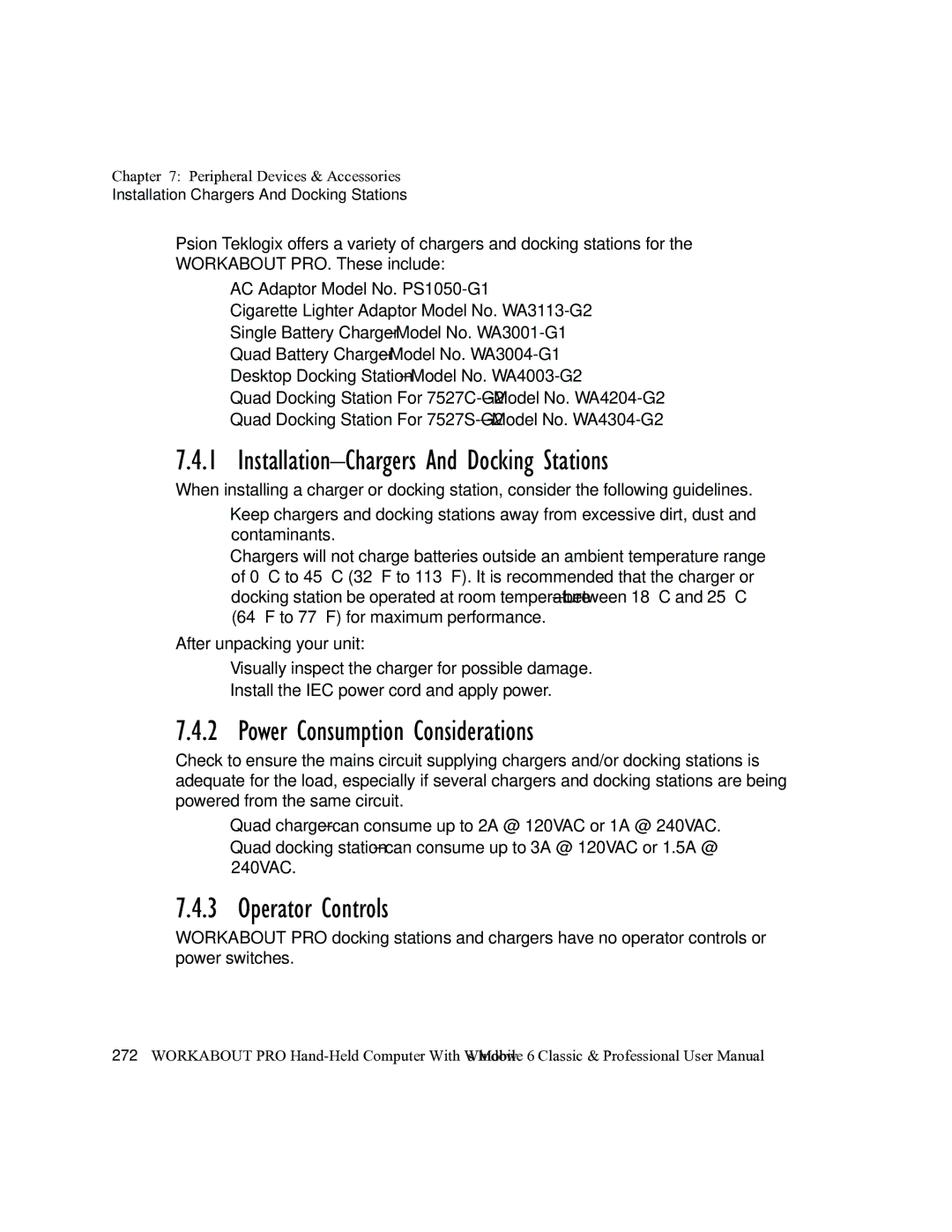 Psion Teklogix ISO 9001 Installation-Chargers And Docking Stations, Power Consumption Considerations, Operator Controls 