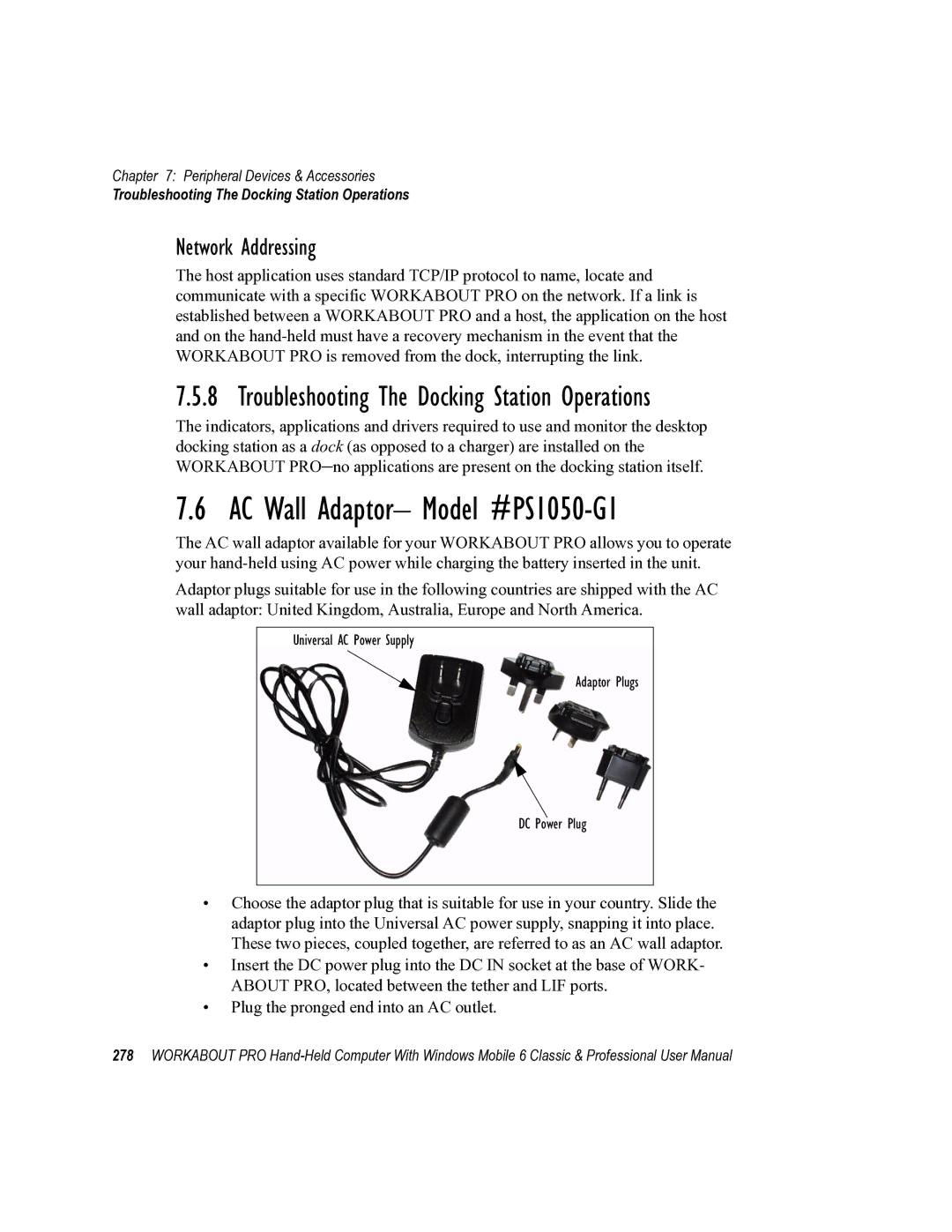 Psion Teklogix ISO 9001 user manual AC Wall Adaptor- Model #PS1050-G1, Troubleshooting The Docking Station Operations 